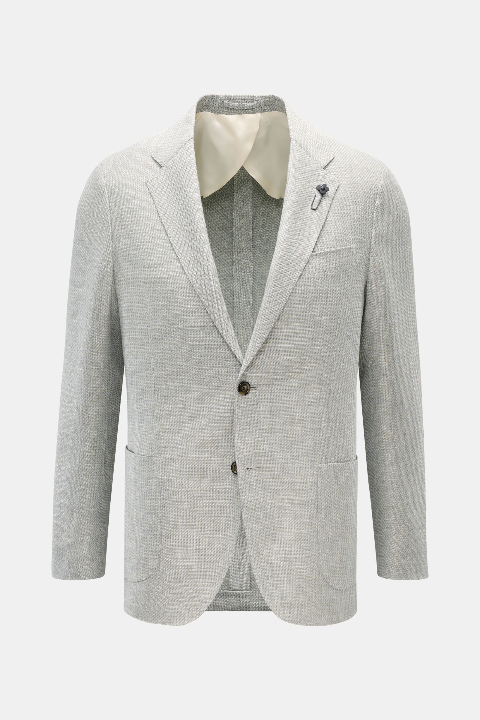 Lardini Sakko salbei/offwhite meliert, frontale Nahaufnahme, Slim Fit, Zwei-Knopf-Stil, Unconstructed Design, Schurwolle-Leinen-Mix, Revers mit Blüten-Anstecker.