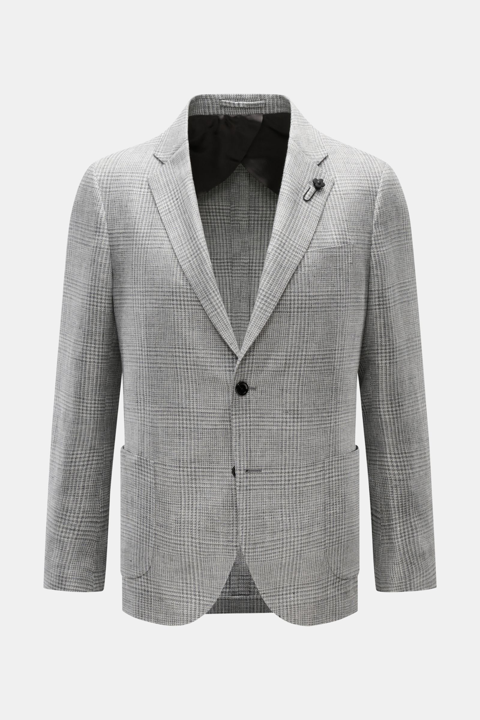 Alt-Tag (124 Zeichen): Vorderansicht des Lardini Sakko grau/hellgrau kariert aus Leinen-Woll-Mix mit zwei Knöpfen und fallendem Revers.