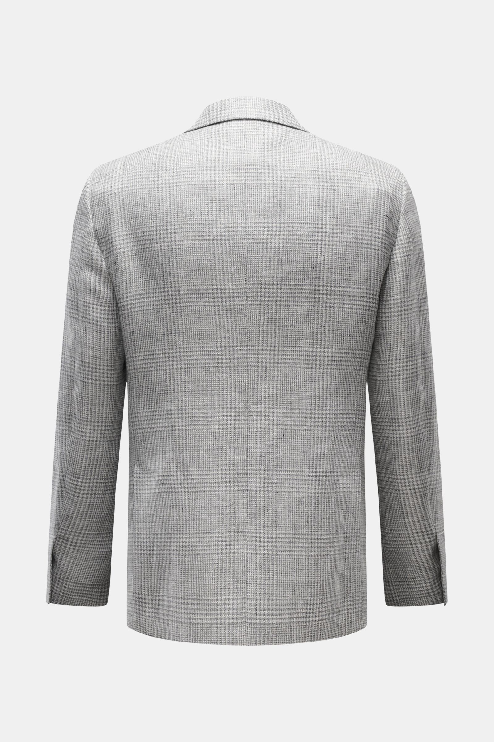 Rückansicht des Lardini Sakko grau/hellgrau kariert aus Leinen-Woll-Mix mit luftiger Webstruktur, Slim Fit und klassischem Schnitt.