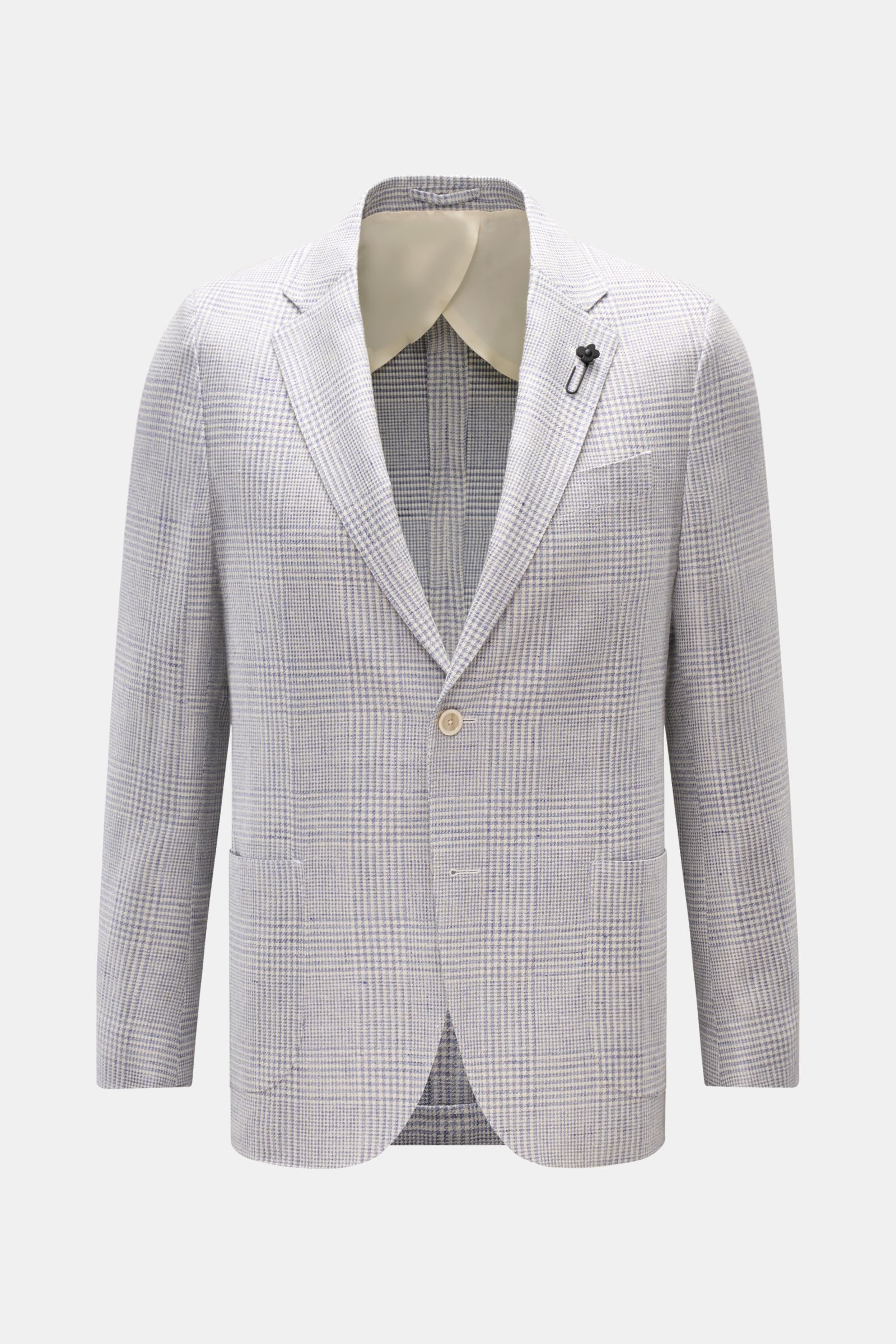 Lardini Sakko rauchblau/offwhite kariert, Slim Fit, Glencheck-Muster, unconstructed Design, Zwei-Knopf-Stil, frontal fotografiert, mit Blüten-Anstecker.