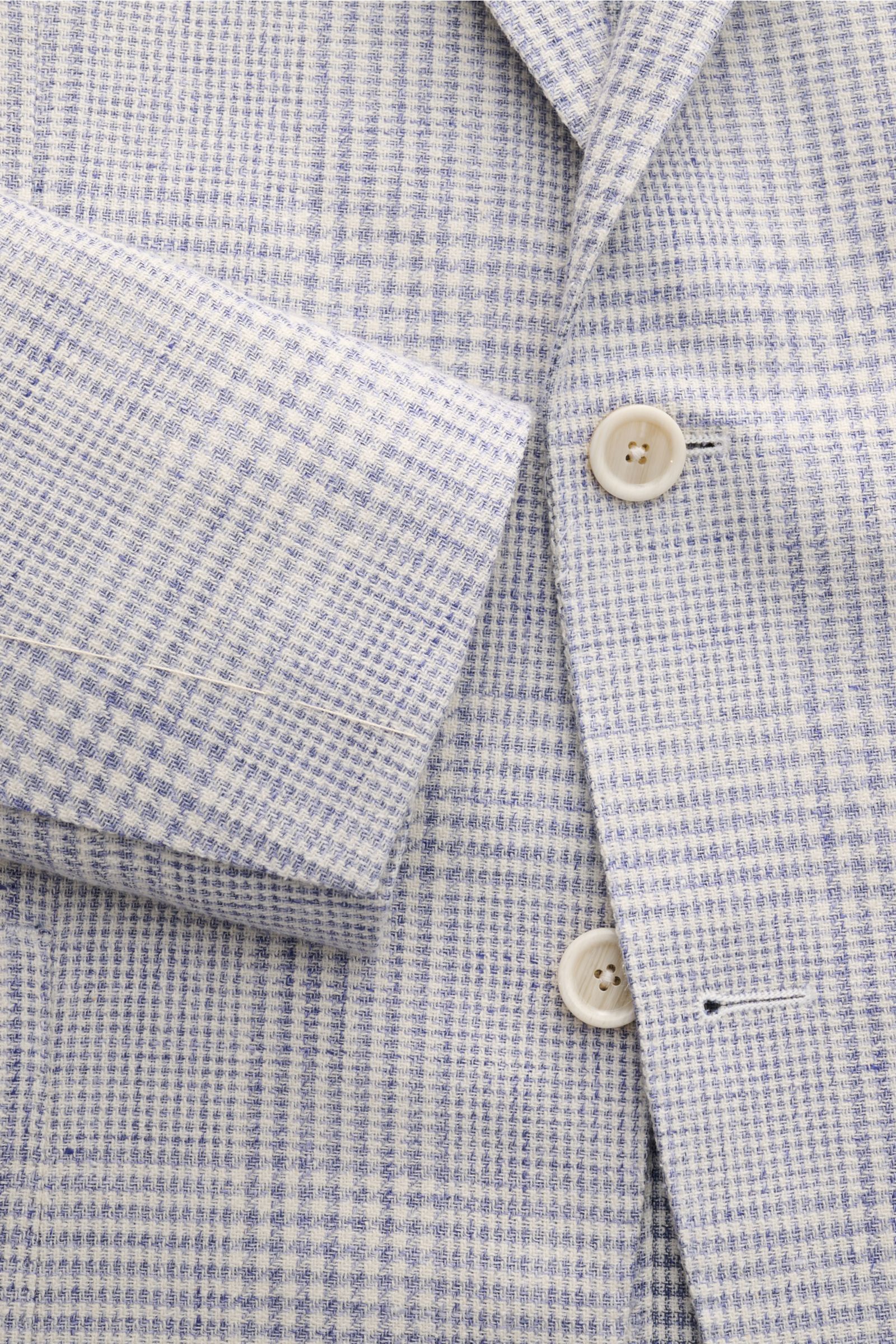 Lardini Sakko rauchblau/offwhite kariert, Detailaufnahme von Ärmel und Knöpfen, Glencheck aus Leinen-Mix, Slim Fit, Unconstructed Design.