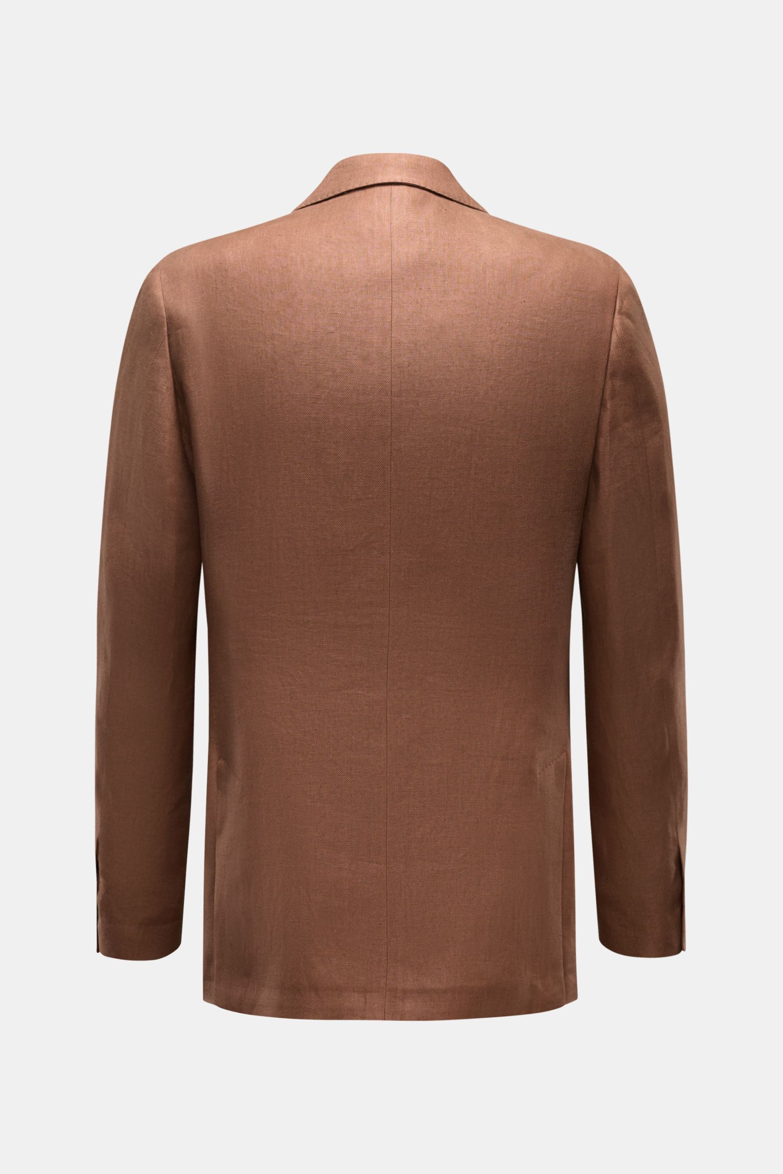 Back view of Lardini Linen jacket brown in pure linen with soft feel, slim fit, double-breasted style, patch hip pockets, and side vents.

Description:
Airy and elegant: This double-breasted smart-casual jacket made of linen by LARDINI is the best choi