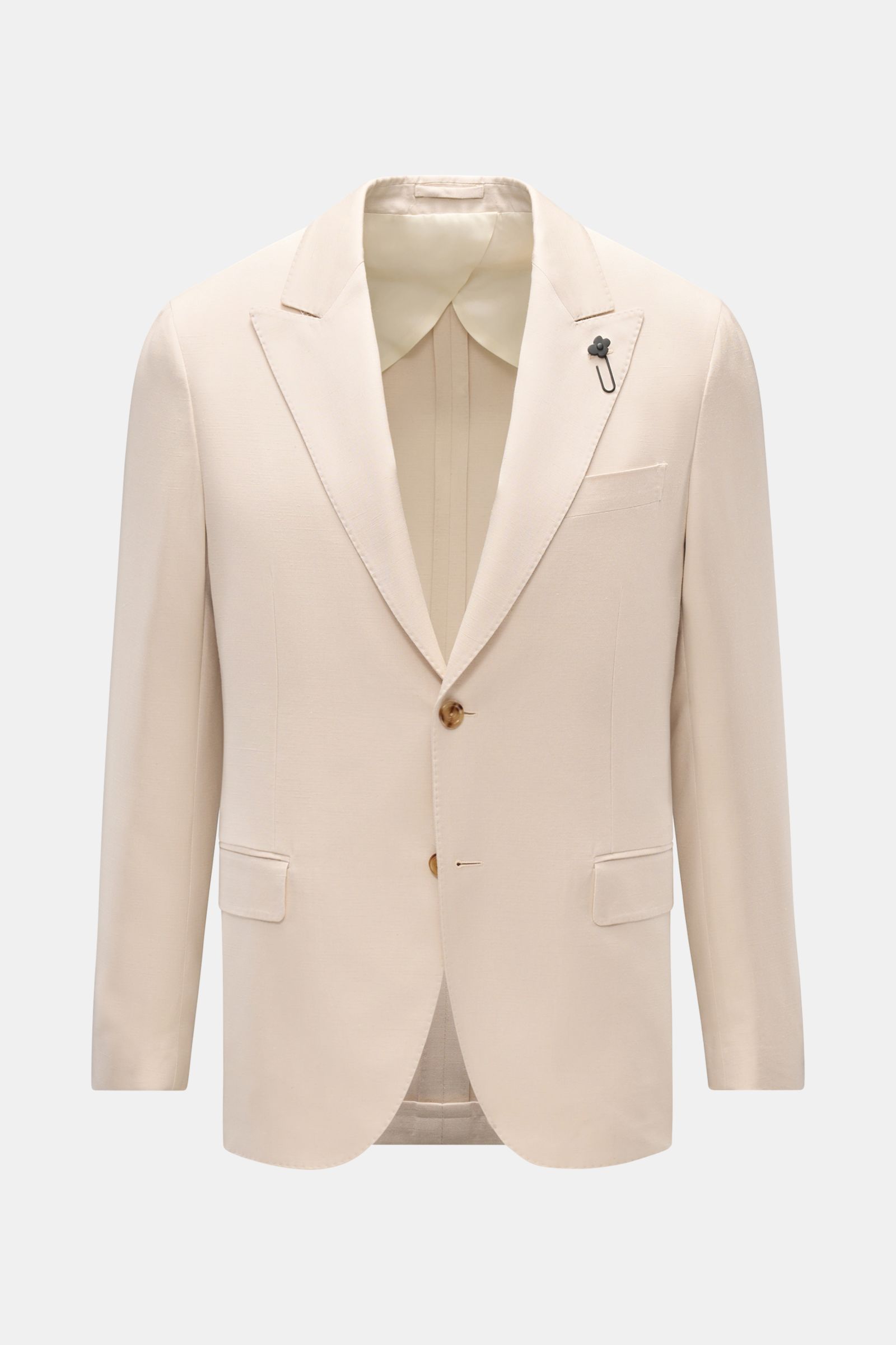 Lardini Sakko sand, frontale Aufnahme, taillierter Slim Fit, Viskose mit Seidenanteil, zwei Knöpfe, Spitzrevers, Blüten-Anstecker, Taschen.