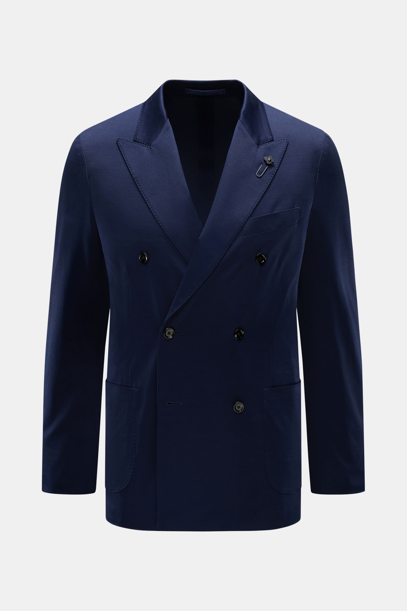 Front view of Lardini Jersey jacket navy, a comfortable and elegant double-breasted smart-casual jacket in lightweight cotton jersey with a slim fit, pointed lapel with floral pin, classic breast pocket, patch hip pockets, unfinished sleeve cuffs, side ve