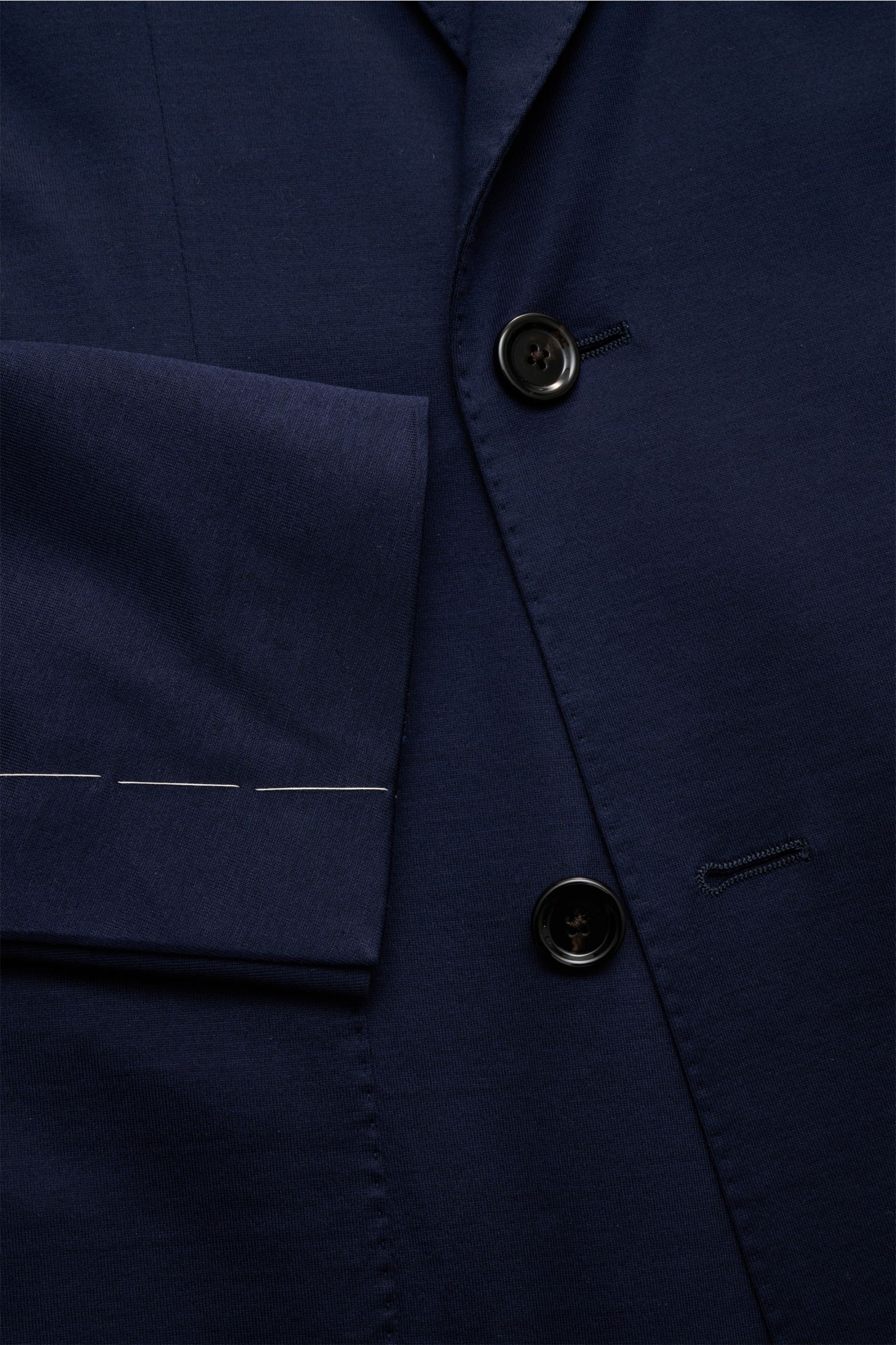 Close-up front view of Lardini Jersey jacket navy in lightweight cotton jersey, showing double-breasted buttons and unfinished sleeve cuffs.

Description: 
Comfortable and elegant: This double-breasted smart-casual jacket by LARDINI in lightweight cott