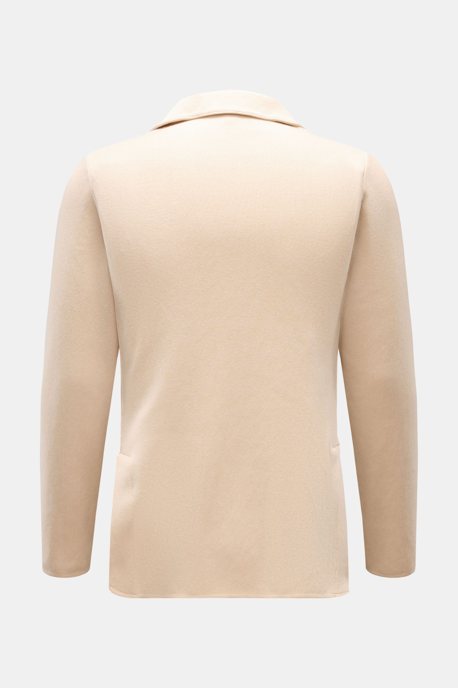 Lardini Strickblazer creme, Rückansicht, aus reiner Baumwolle mit feinem Strickbild, Slim Fit, tailliert, fallendes Revers, Blüten-Anstecker, Seitenschlitze.