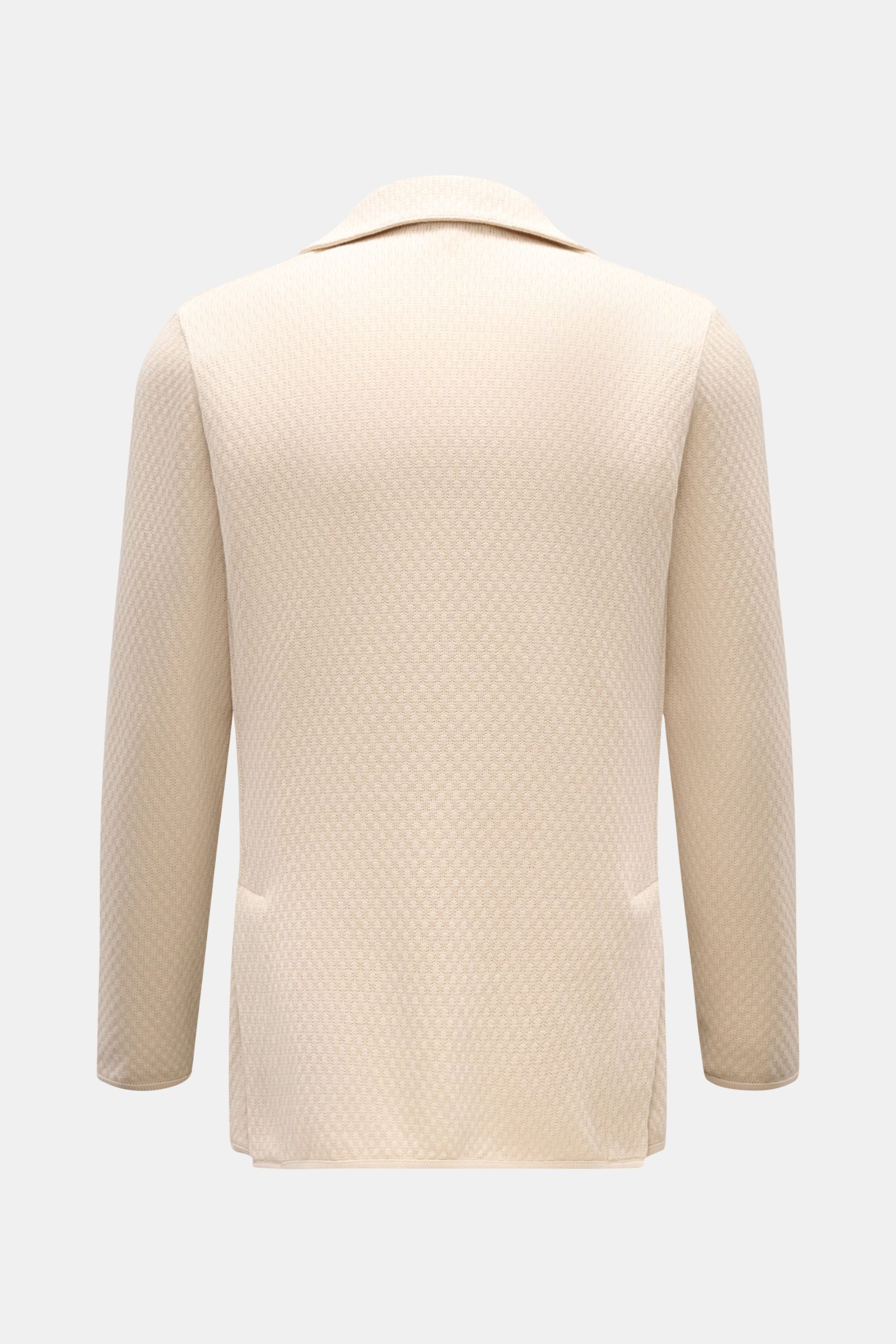 Lardini Strickblazer beige, Rückansicht, Slim Fit, Baumwoll-Strick mit markantem Muster, zwei Knöpfe, fallendes Revers, Seitenschlitze, Hüfttaschen.