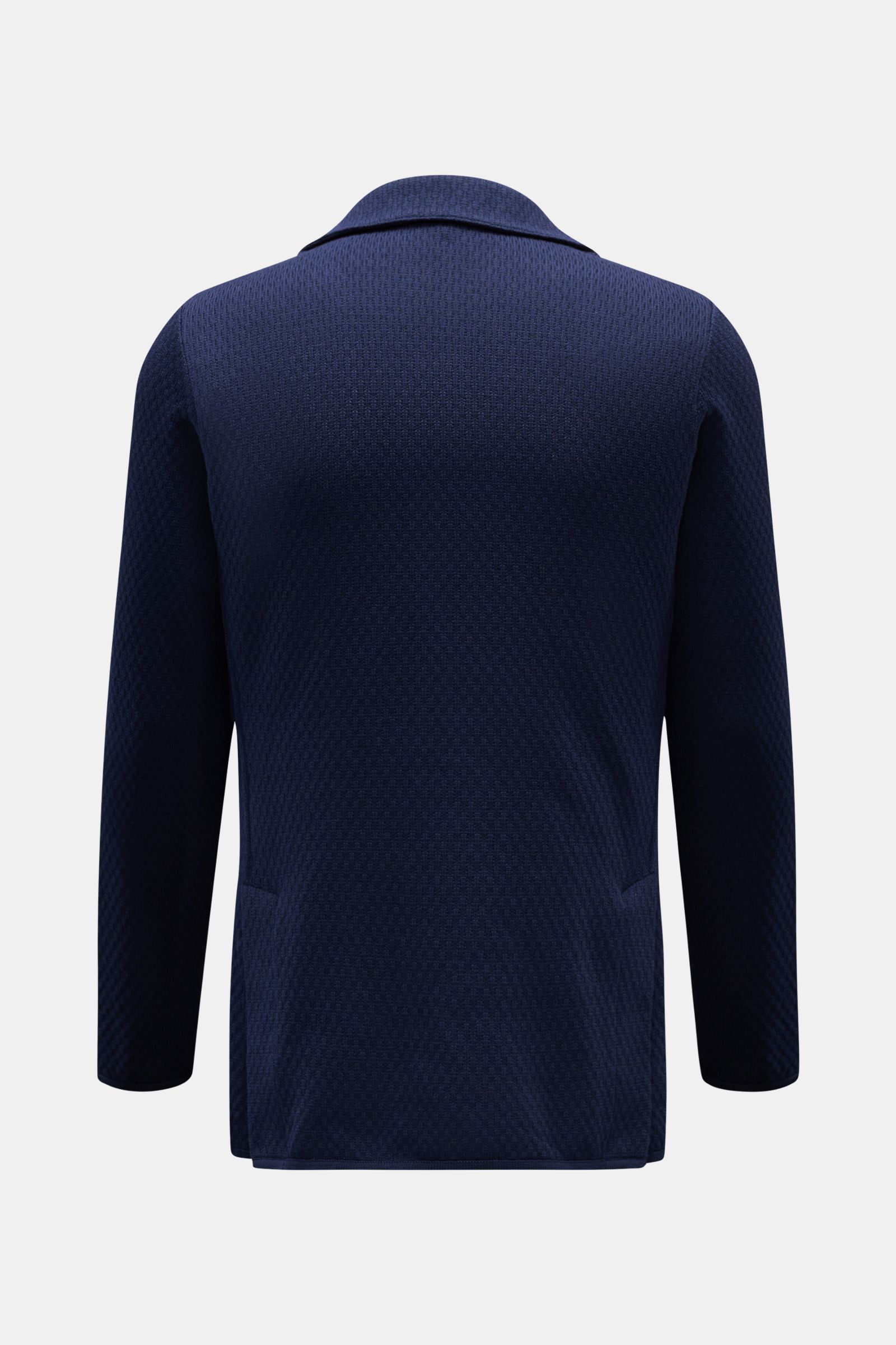 Lardini Strickblazer navy, Rückansicht, aus reiner Baumwolle mit markantem Strickmuster, Slim Fit, zwei Knöpfe, aufgesetzte Hüfttaschen, Seitenschlitze.