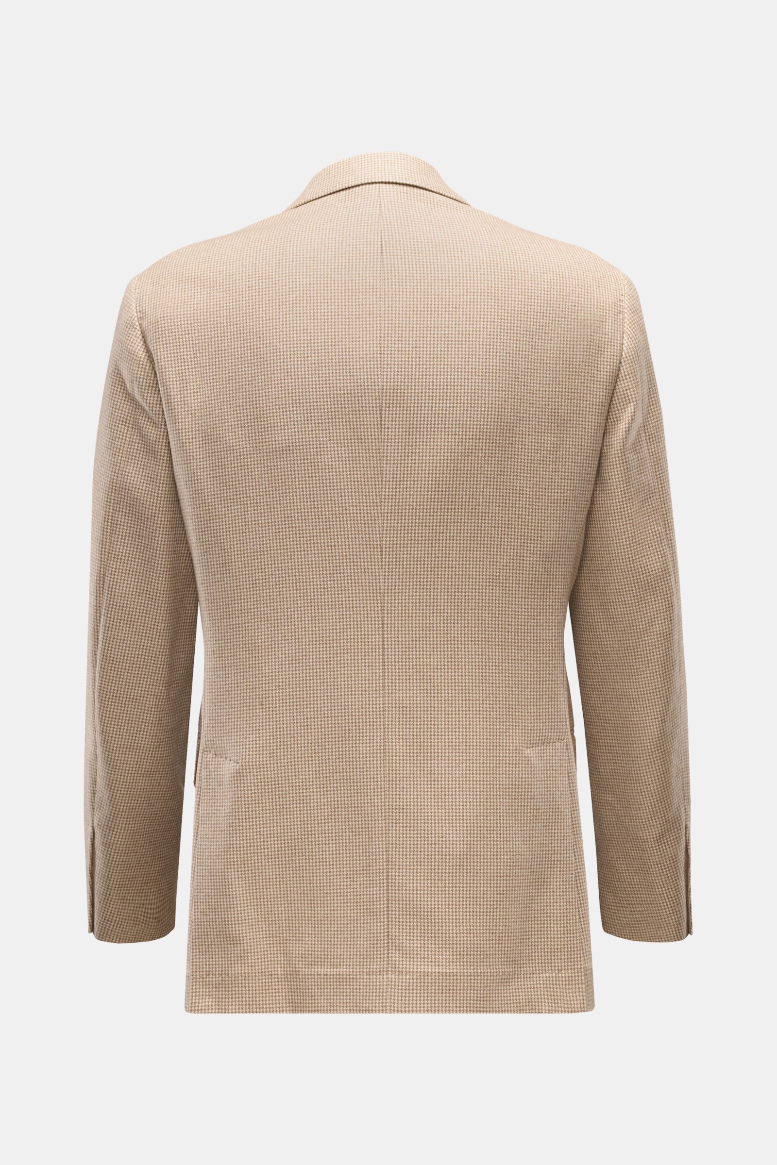 Rear view of Brunello Cucinelli Smart-casual jacket beige/light brown/taupe checked with fine houndstooth pattern, slim fit, and soft cashmere-silk blend fabric.