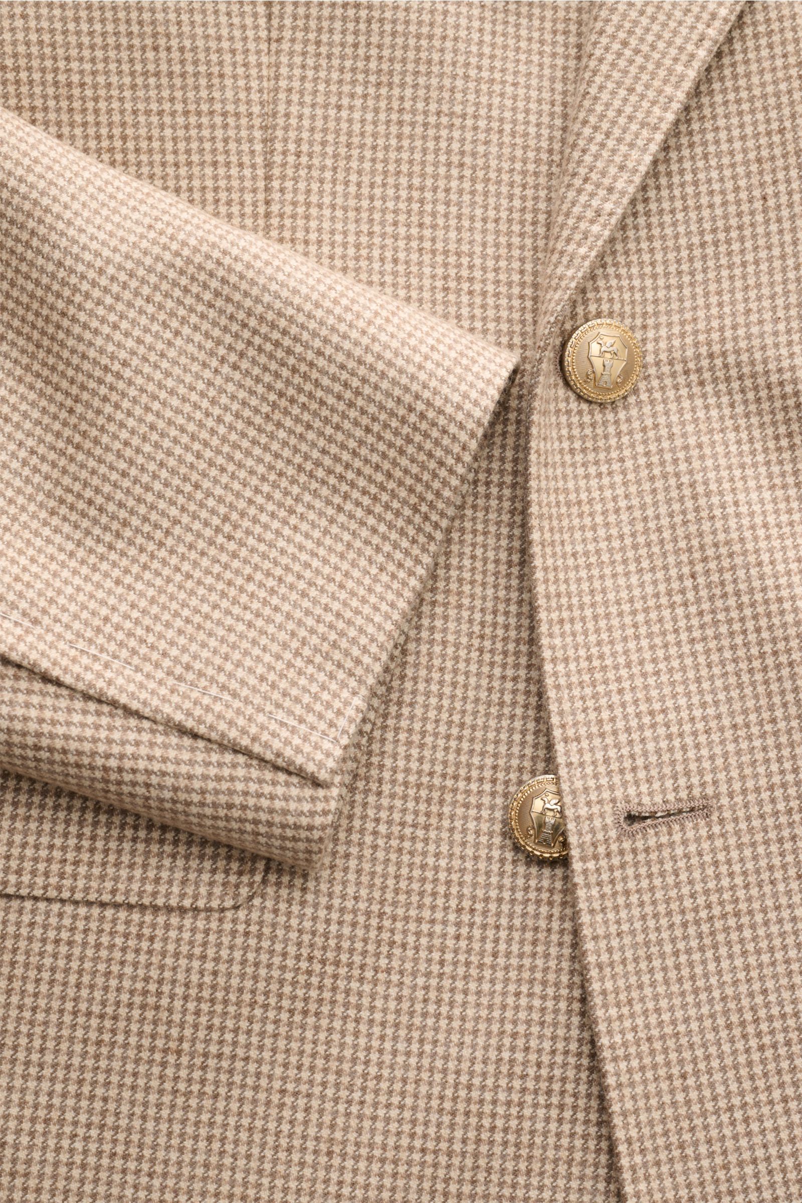 Brunello Cucinelli Smart-casual jacket beige/light brown/taupe checked shown from a close-up front angle, featuring fine houndstooth pattern, double-breasted three-button style, pointed lapel, classic breast pocket, hip pockets with flap, and soft cashmer