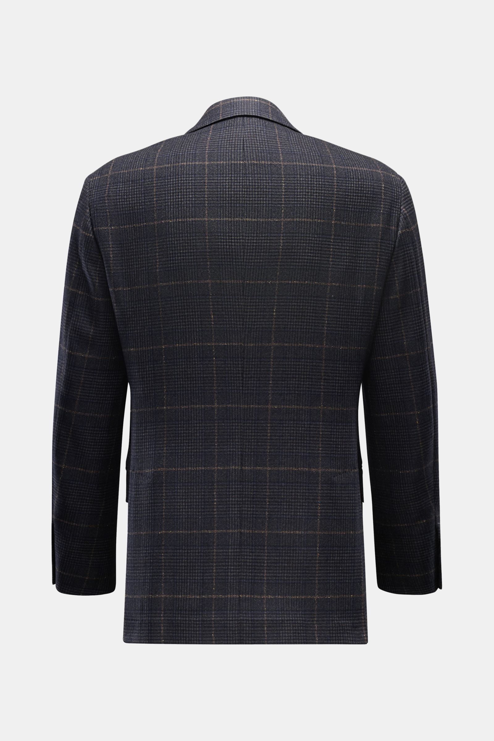 Rear view of Brunello Cucinelli Smart-casual jacket dark grey/navy/light brown checked in a slim fit with classic glen check pattern and side vents.

Description: A luxurious classic for sophisticated business outfits: This smart-casual jacket by BRUNE