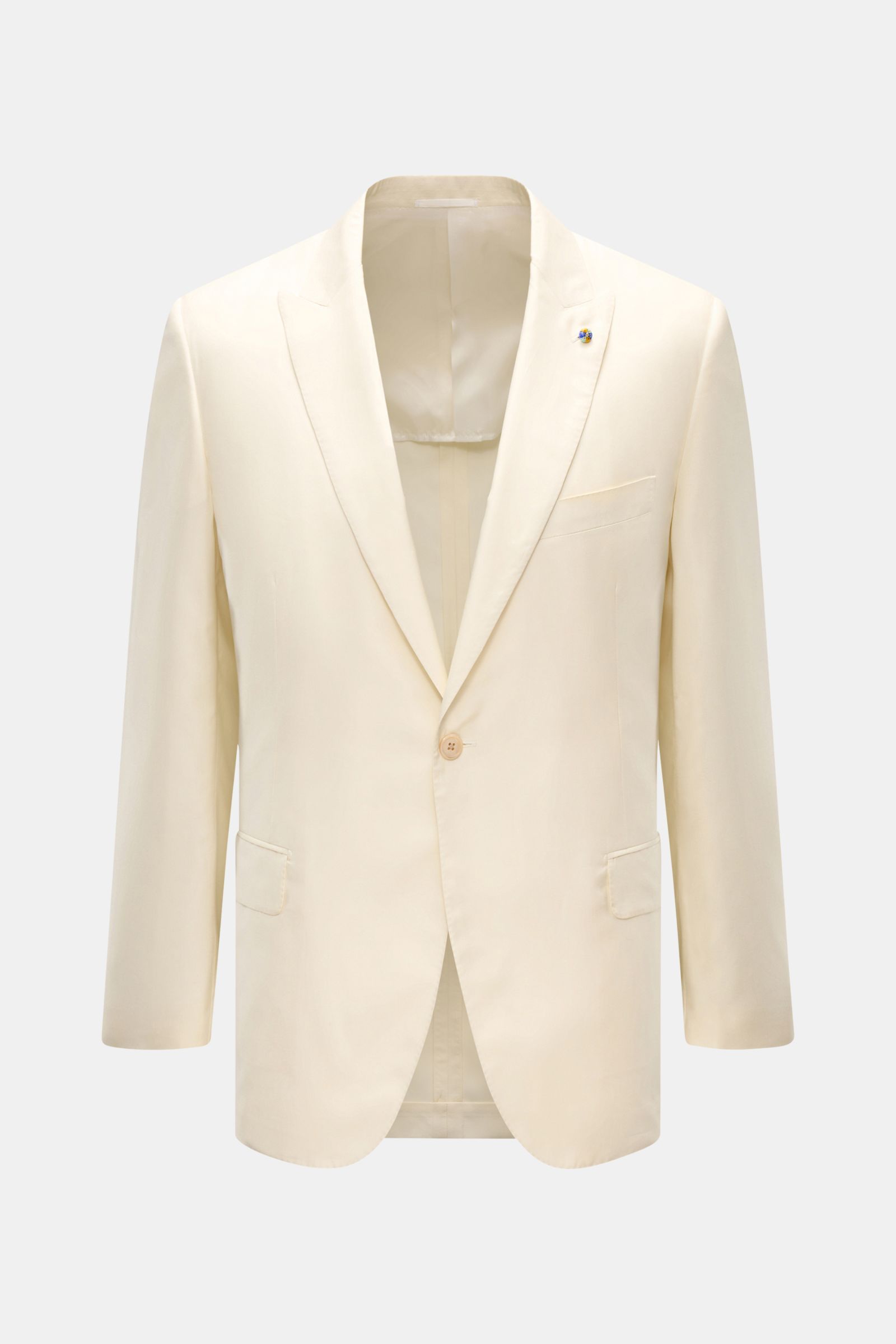 Belvest Seiden-Sakko creme, Slim Fit, aus reiner Seide, tailliert mit Spitzrevers, Perlmuttknopf, Brusttasche, Hüfttaschen, von vorne fotografiert.