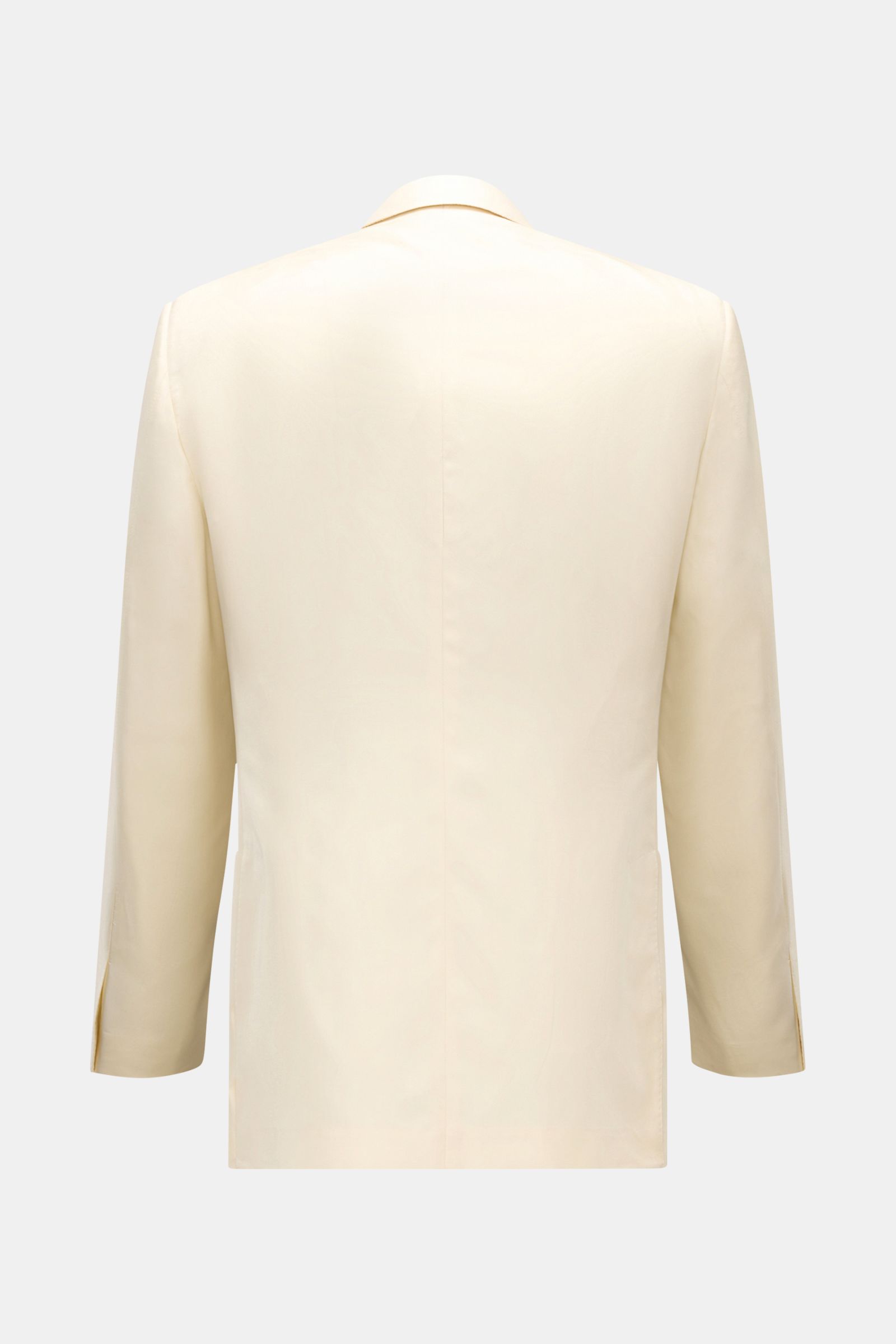 Belvest Seiden-Sakko creme, Slim Fit, reine Seide, glatter Griff, tailliert, Ein-Knopf-Stil, Rückansicht mit unfertigen Ärmelabschlüssen, Seitenschlitzen.