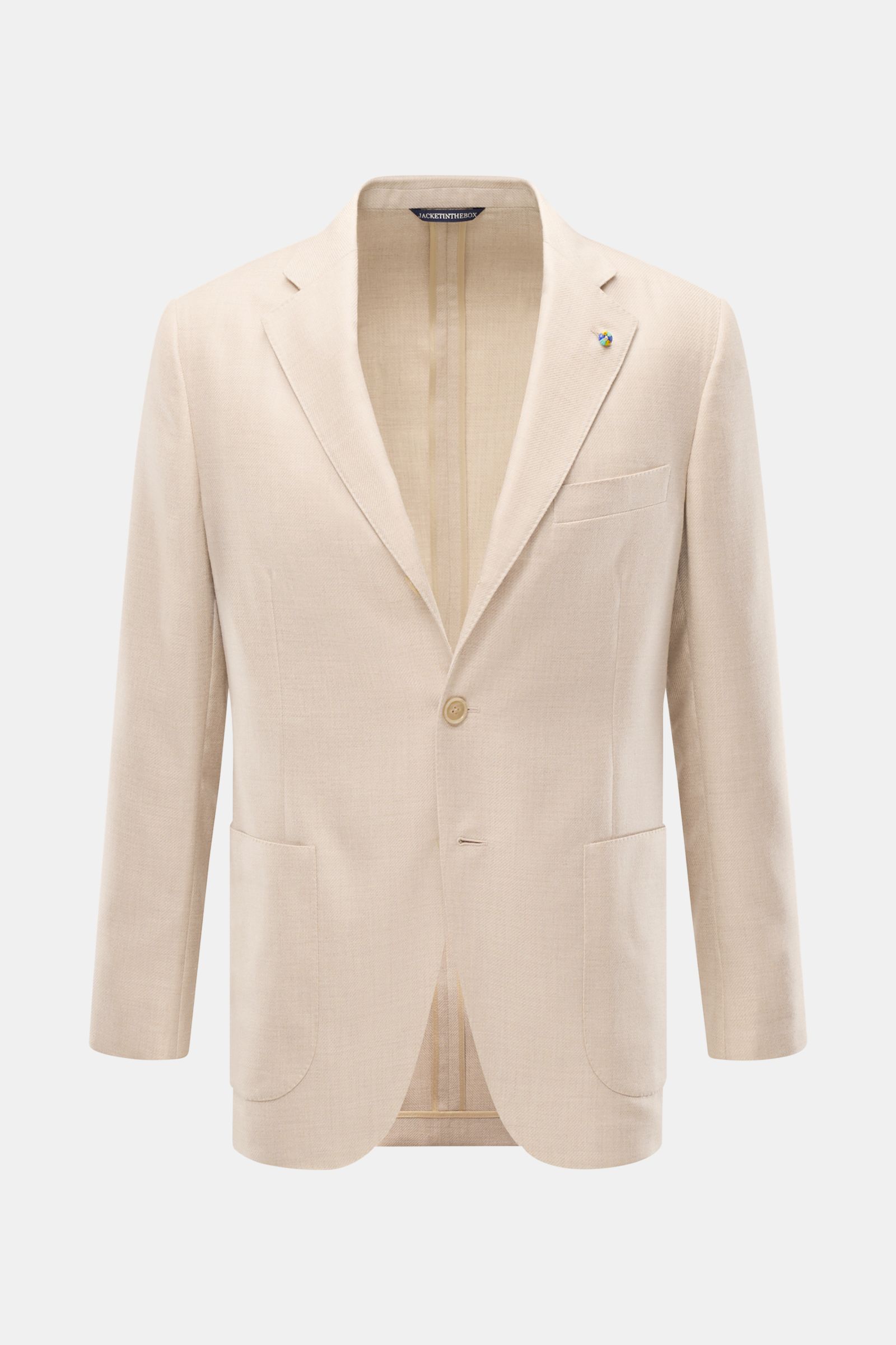 Beige Belvest Cashmere Sakko im Slim Fit, frontale Nahaufnahme, Ein-Knopf-Stil, fallendes Revers mit Pin, Brust- und Hüfttaschen, weicher Cashmere-Seidenmix.