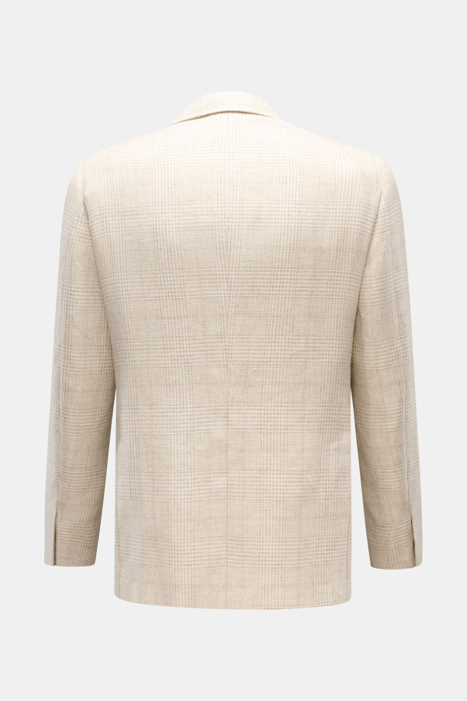 Back view of Belvest Smart-casual jacket cream/beige checked, slim fit with classic glen check pattern, soft wool, linen, silk, cashmere blend.

Description: BELVEST has brought together the best in natural materials – wool, linen, silk and cashmere – 