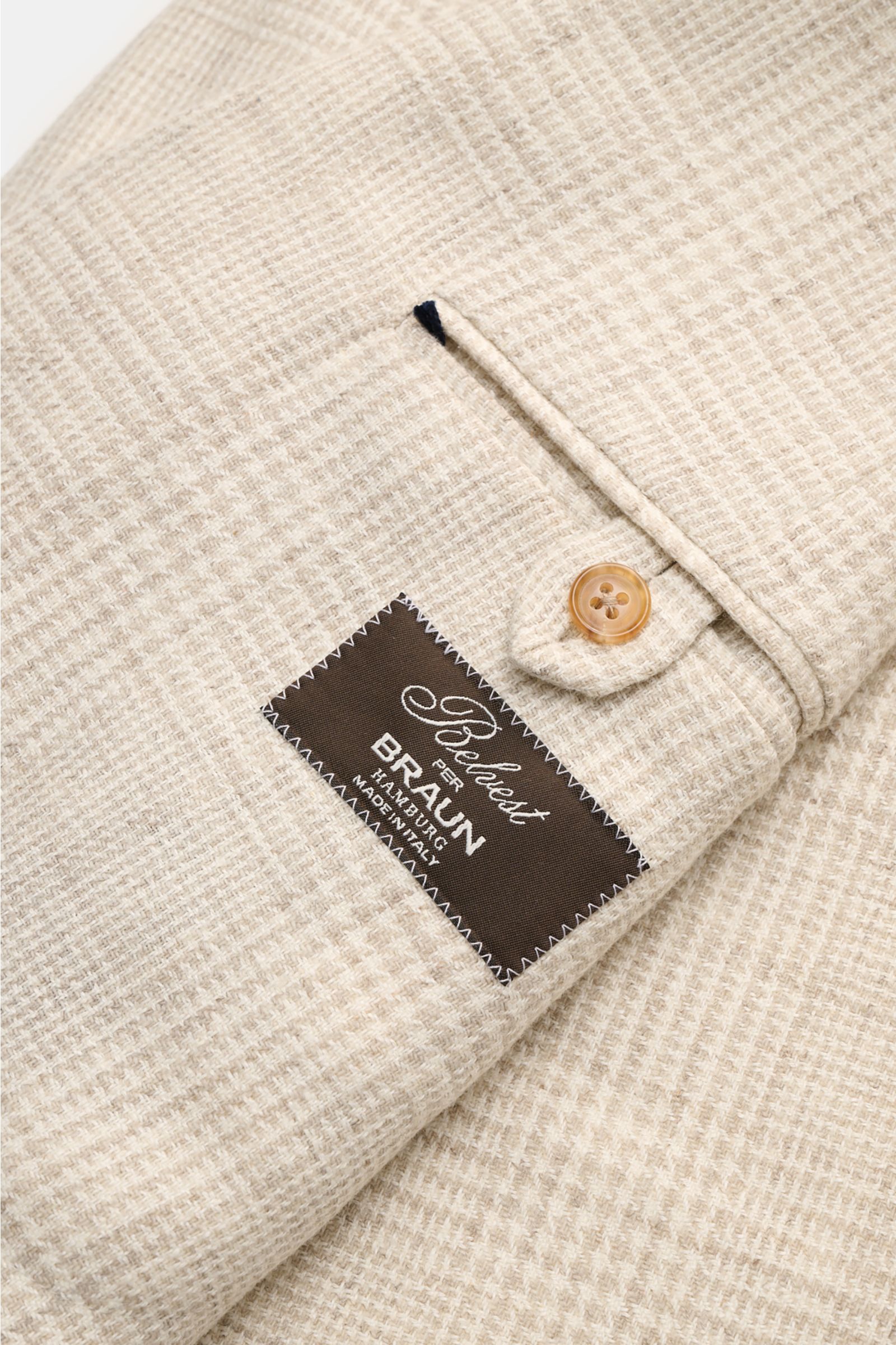 Close-up top-side view of the cream/beige checked Belvest Smart-casual jacket fabric and sleeve cuff with button and label, showing wool, linen, silk, and cashmere blend with typical glen check texture.

Description: BELVEST has brought together the be