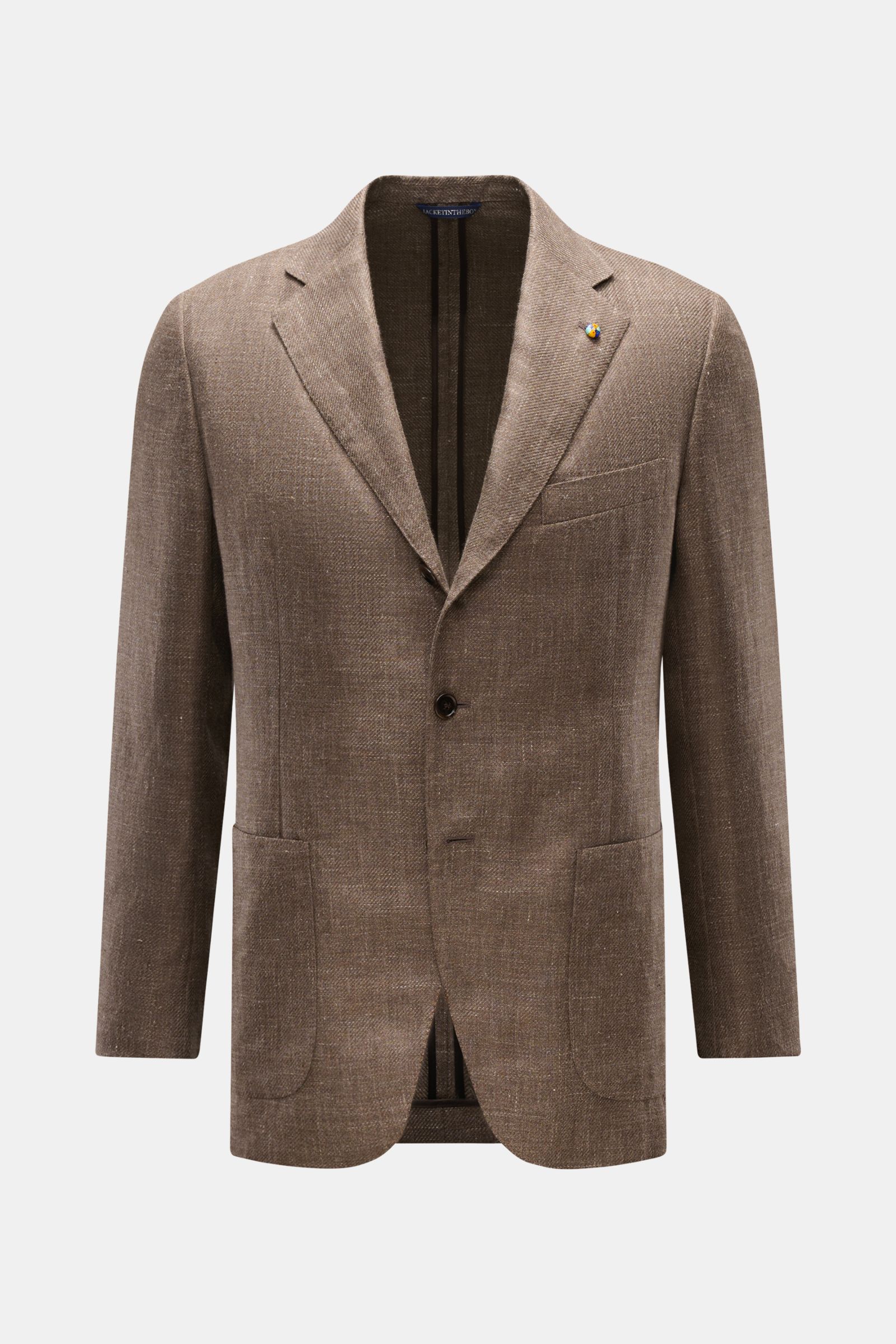 Front view of Belvest Smart-casual jacket grey-brown melange in linen and wool blend, slim fit with step lapel, three buttons, and patch pockets.

Description: Linen and wool form the basis for this unconstructed smart-casual jacket from label BELVEST 