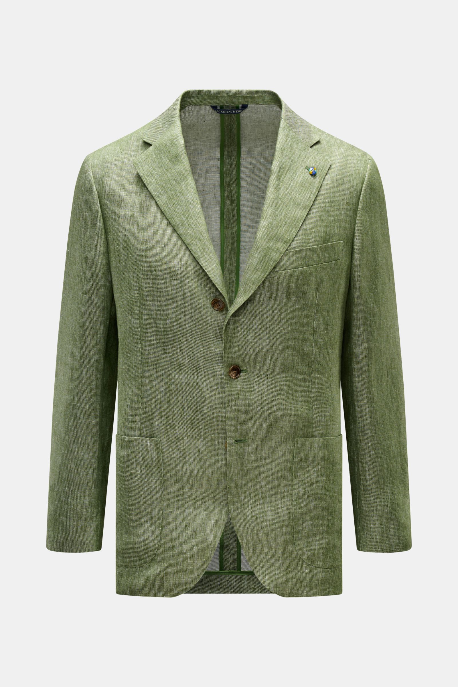 Belvest Leinensakko grün meliert, slim fit, tailliert, 3-Knopf, melierte Optik, weicher Griff, halb gefüttert, frontal fotografiert.