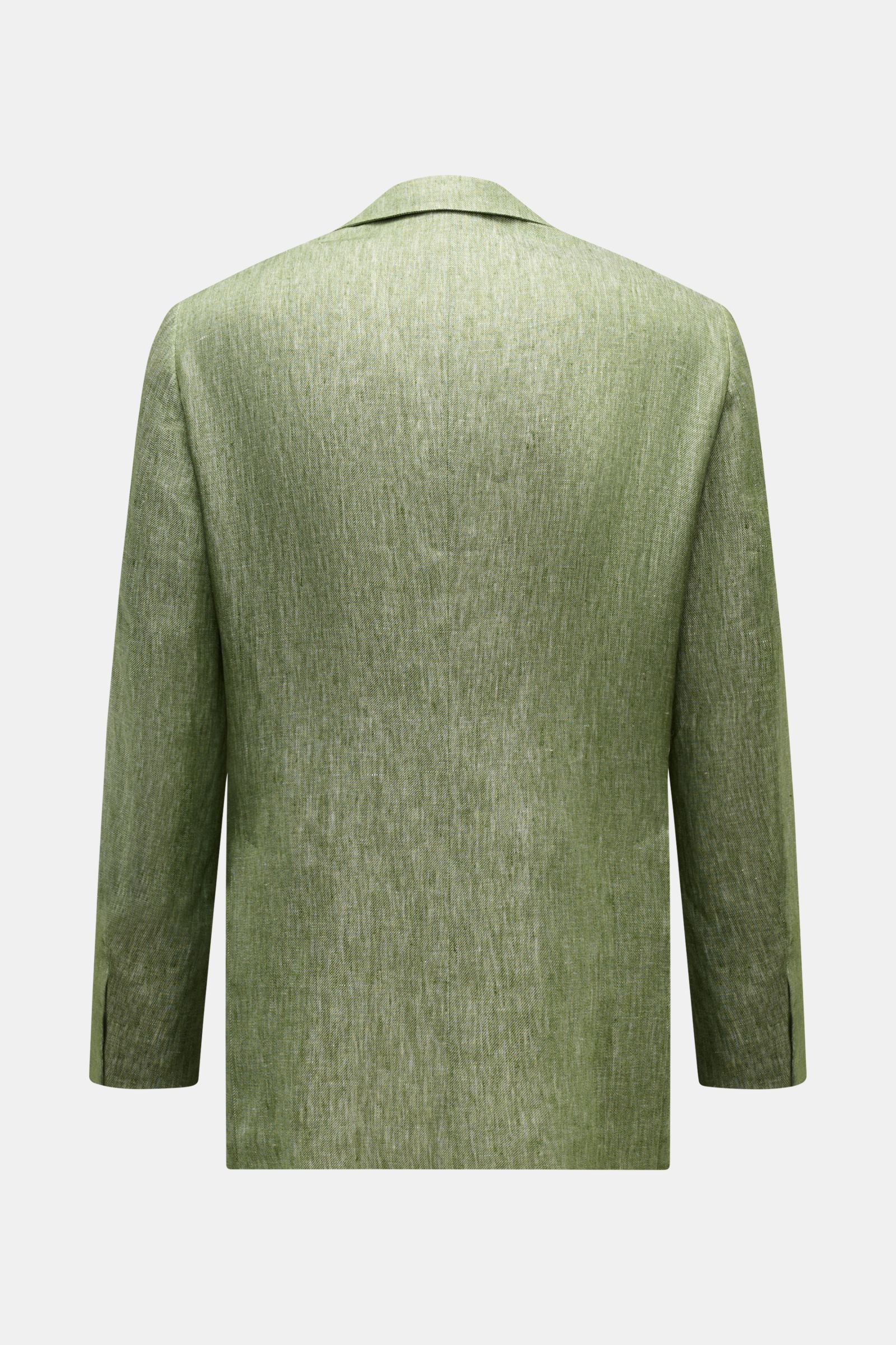 Belvest Leinensakko grün meliert, Rückansicht, reine Leinenqualität, melierte Optik, Slim Fit, taillierter Drei-Knopf-Stil, unfertige Ärmel.