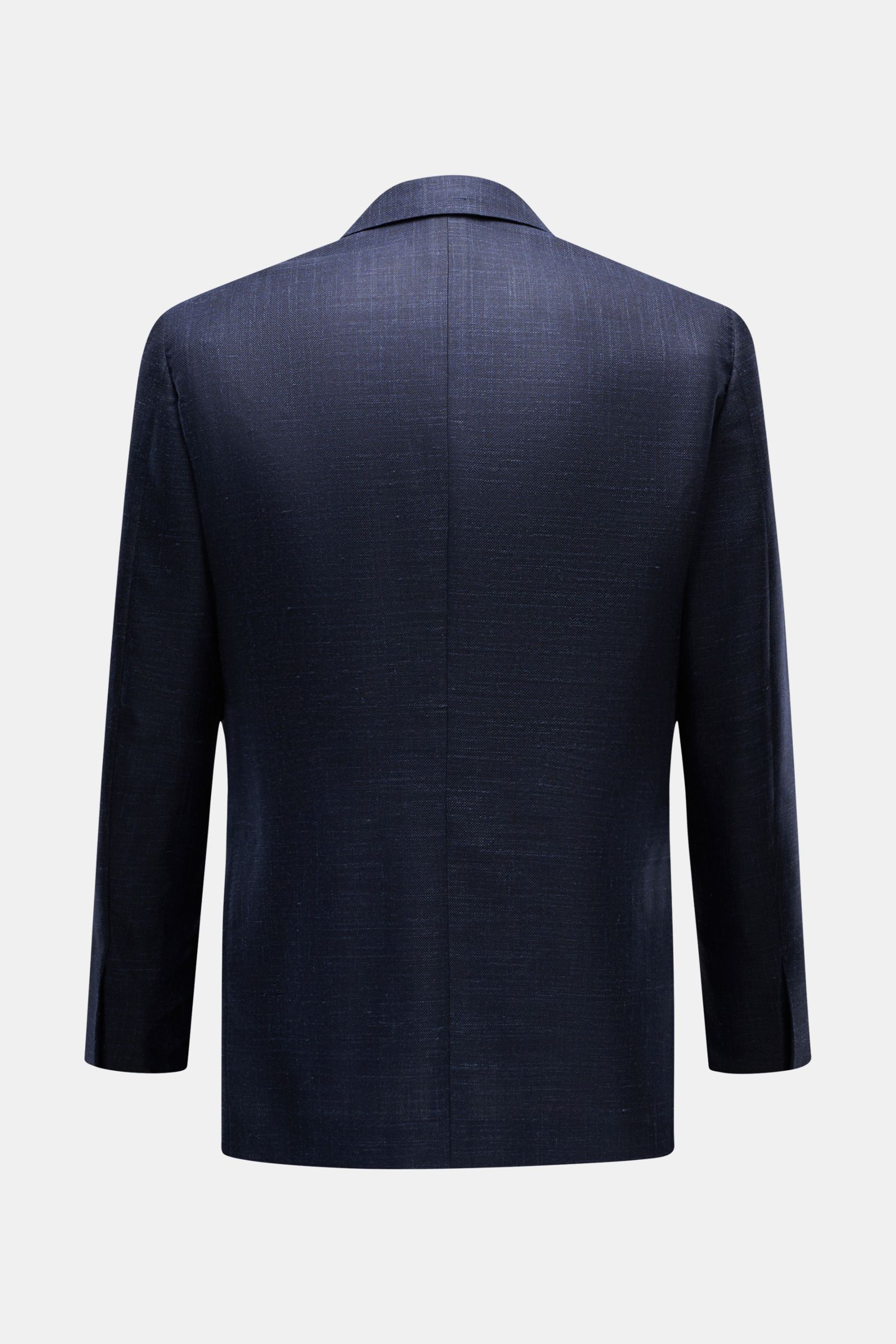 Belvest Sakko navy meliert in Slim Fit, tailliert, Drei-Knopf-Stil, Rückansicht, weicher Woll-Leinen-Seiden-Mix, Seitenschlitze.