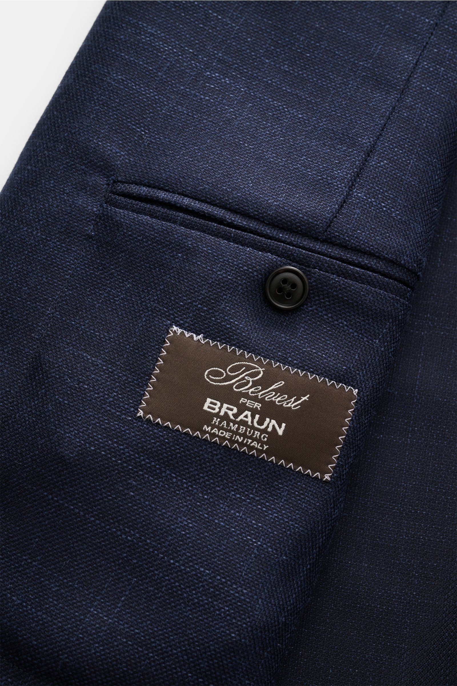 Belvest Sakko navy meliert in Nahaufnahme von innen mit Label, weicher Griff, Woll-Leinen-Seiden-Mix, Slim Fit, Drei-Knopf-Stil.