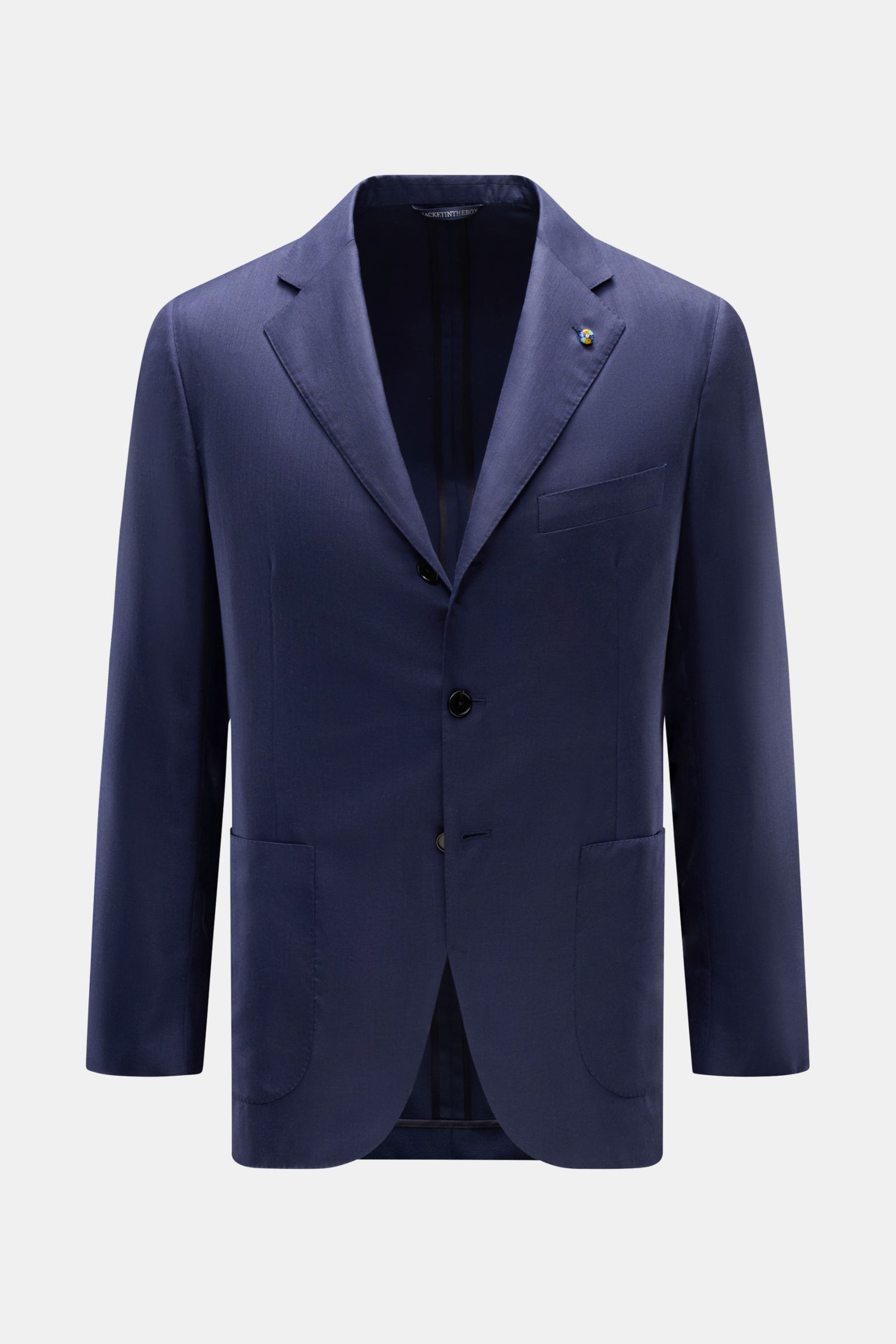 Belvest Smart-casual jacket navy shown from the front, slim fit in soft wool-silk blend with fine twill, three-button style, step lapel with pin, classic breast pocket, patch hip pockets, unfinished sleeve cuffs, side vents, and two inside pockets.