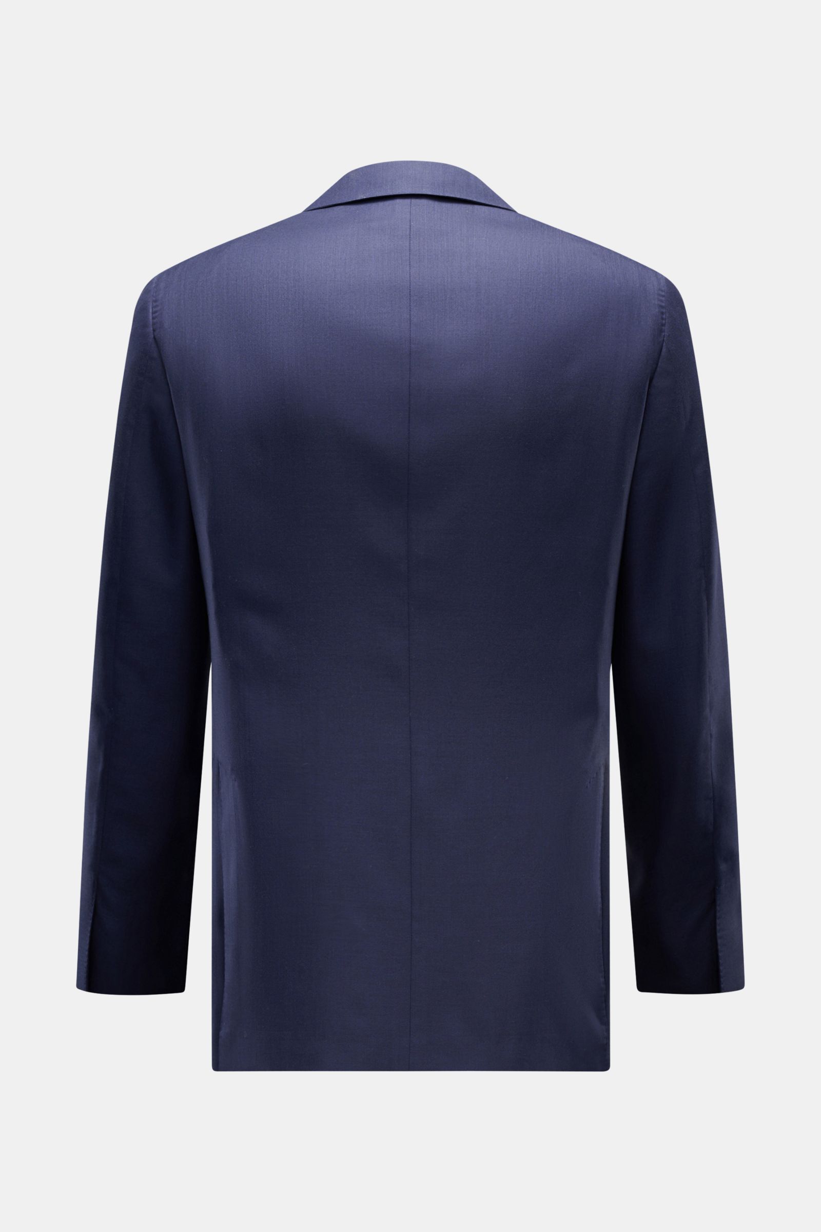 Rear view of Belvest Smart-casual jacket navy in soft wool-silk blend, slim fit, fine twill, three-button style with side vents.