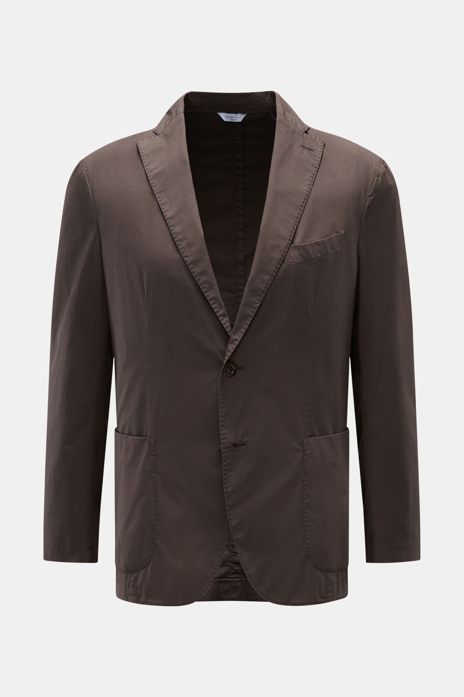 Boglioli Sakko 'K. Jacket' dunkelbraun, Slim Fit, Unconstructed-Design, leichte Baumwolle mit Stretch, frontale Perspektive, zwei Knöpfe, Brust- und Hüfttaschen.