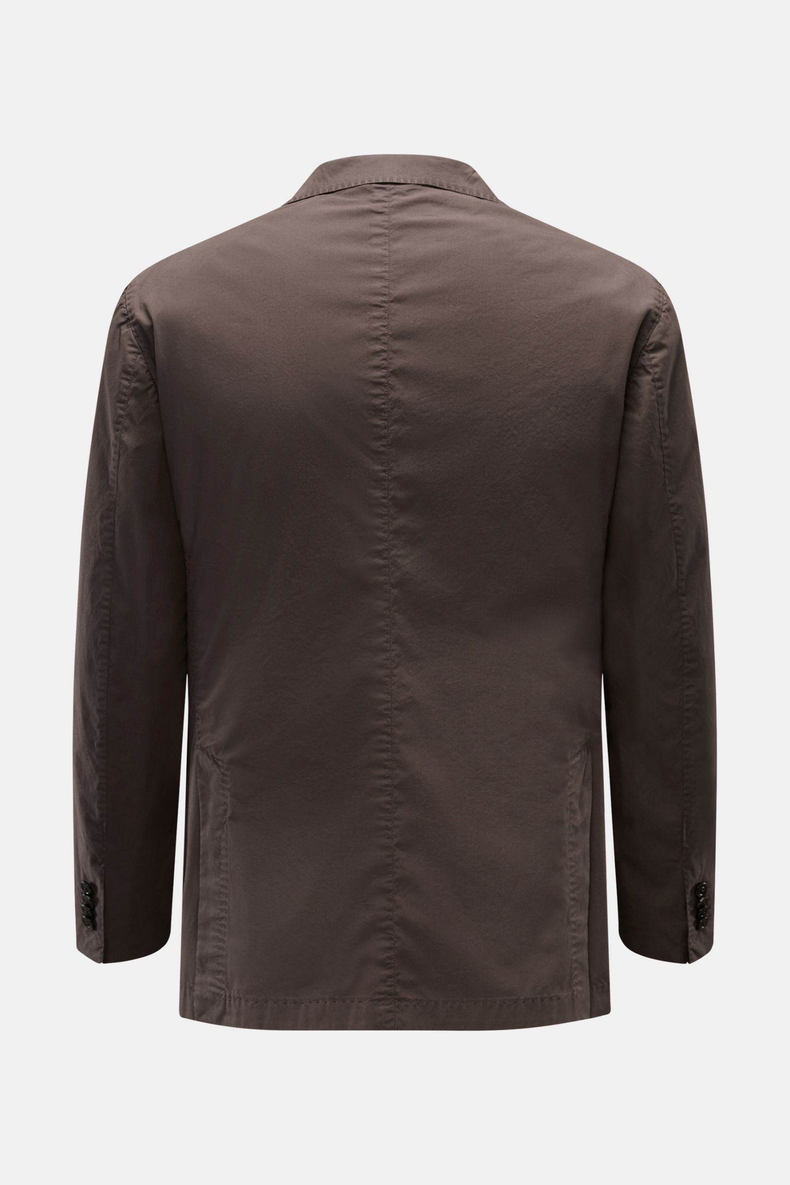Boglioli Sakko 'K. Jacket' dunkelbraun, Unconstructed Design, Slim Fit, leichte Baumwolle mit Stretch, Rückansicht mit Seitenschlitzen und Kissing Buttons.