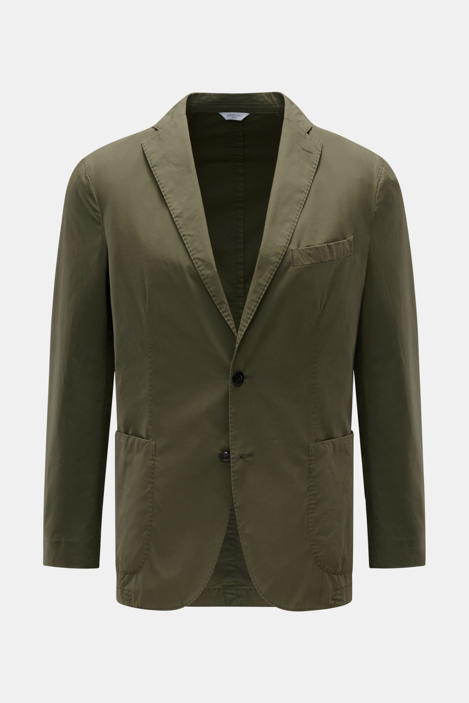 Boglioli Sakko 'K. Jacket' oliv, frontale Ansicht, leichtes Baumwollgewebe, Slim Fit, tailliert, Unconstructed Design, zwei Knöpfe, Brust- und Hüfttaschen, Kissing Buttons, Seitenschlitze.