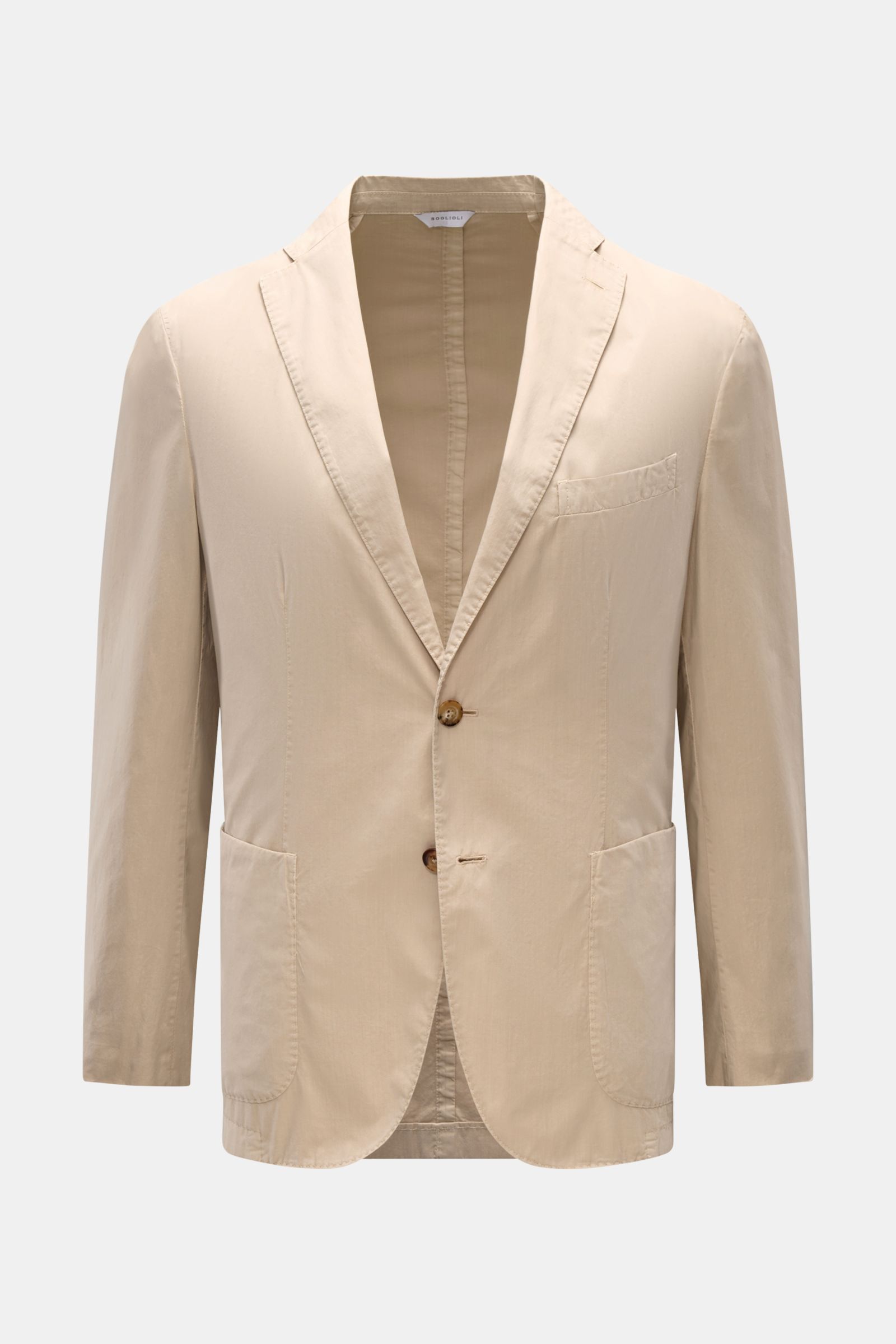 Boglioli Sakko 'K. Jacket' beige, Frontansicht, leichtes Baumwollgewebe, Slim Fit, zwei Knöpfe, fallendes Revers, Brust- und Hüfttaschen, Unconstructed Design, Stretch-Anteil.