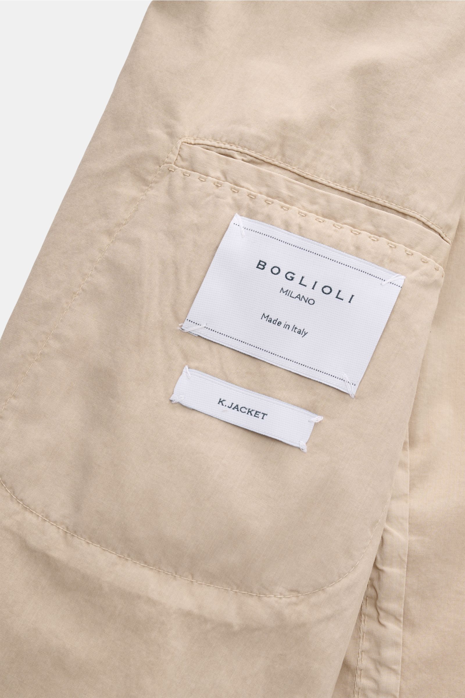Boglioli Sakko 'K. Jacket' beige innen mit Etiketten, leichte Baumwolle, Stretch, Slim Fit, Unconstructed-Design, Detailfoto von innen.
