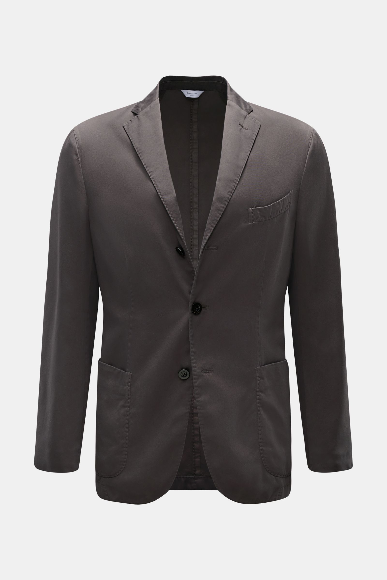 Front view of Boglioli Smart-casual jacket 'K. Jacket' dark grey in a slim fit with step lapel, three-button style, breast pocket, and patch hip pockets.

Description: Ideal for business and leisure: With the simple unconstructed smart-casual jacket 'K