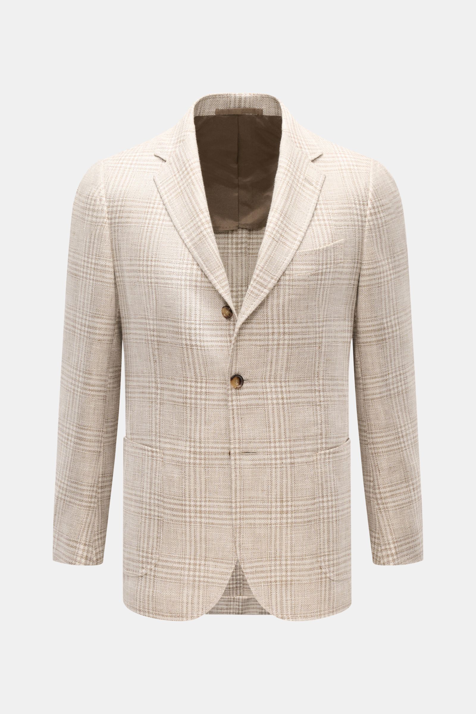 Frontale Aufnahme des Stile Latino Sakkos 'Vincenzo' braun/creme kariert aus leichtem Baumwolle-Wolle-Leinen-Mix, Slim Fit, Glencheck, drei Knöpfe, halbfutter, Brust- und Hüfttaschen.