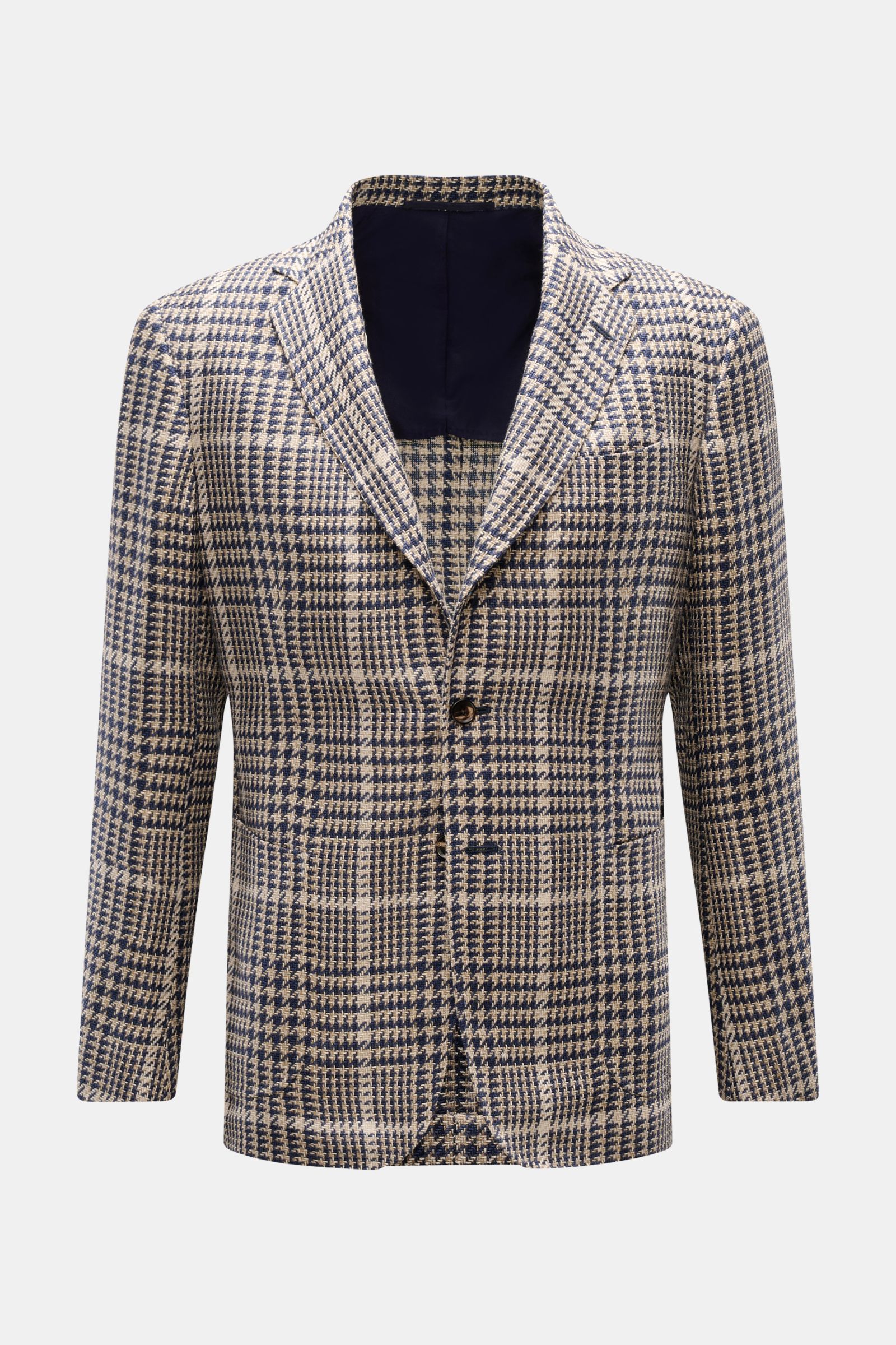 Front view of Stile Latino Smart-casual jacket 'Vincenzo' navy/beige checked, lightweight silk blend, slim fit, classic glen check design.

STILE LATINO presents luxury you can feel with its lightweight smart-casual jacket 'Vincenzo' in a fine silk ble