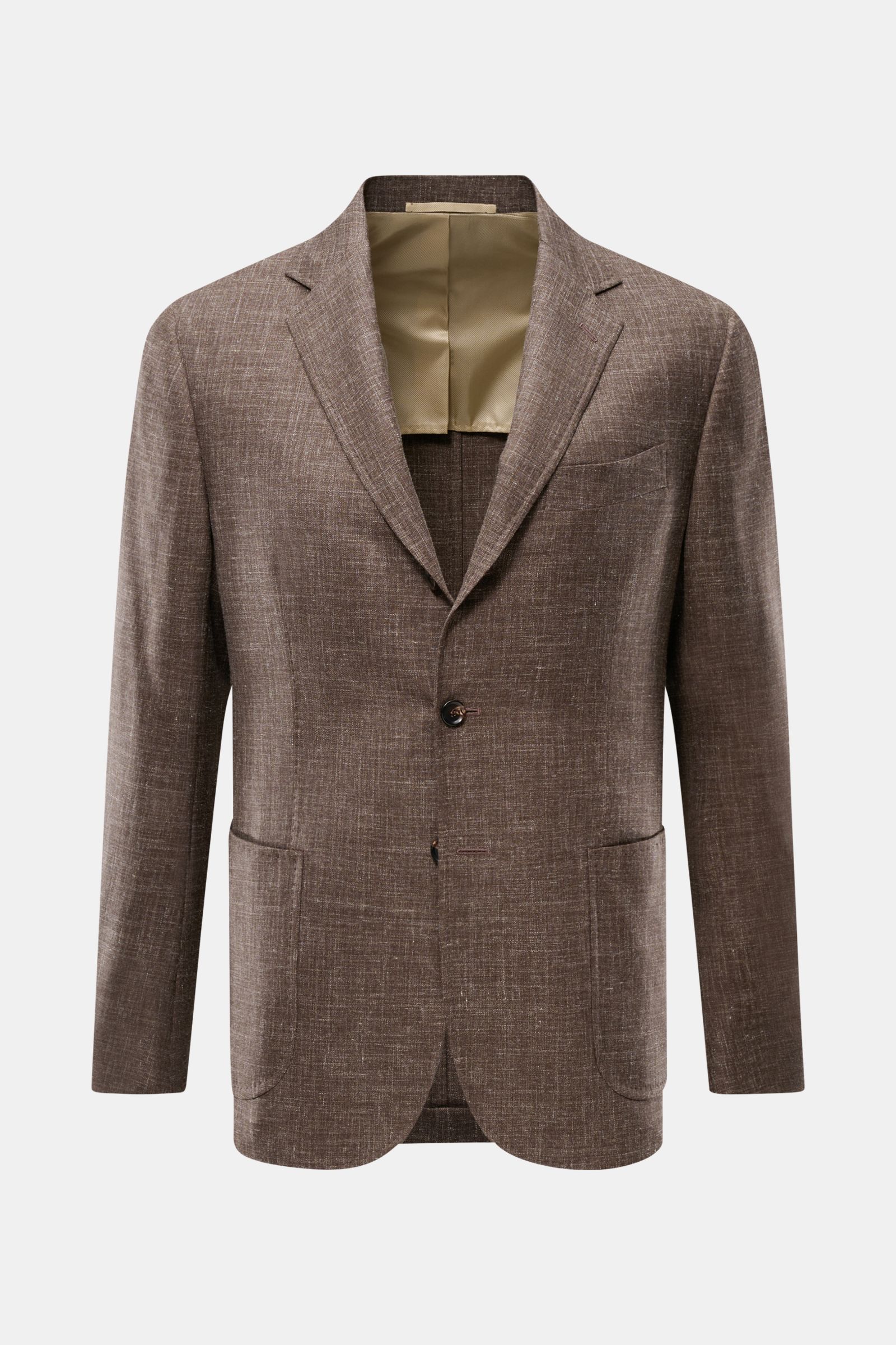 Front view of Stile Latino Smart-casual jacket 'Vincenzo' dark brown mottled, wool-linen blend, slim fit with step lapel and patch pockets.

Description: The classic smart-casual jacket 'Vincenzo' by STILE LATINO has bags of Italian character: effortle