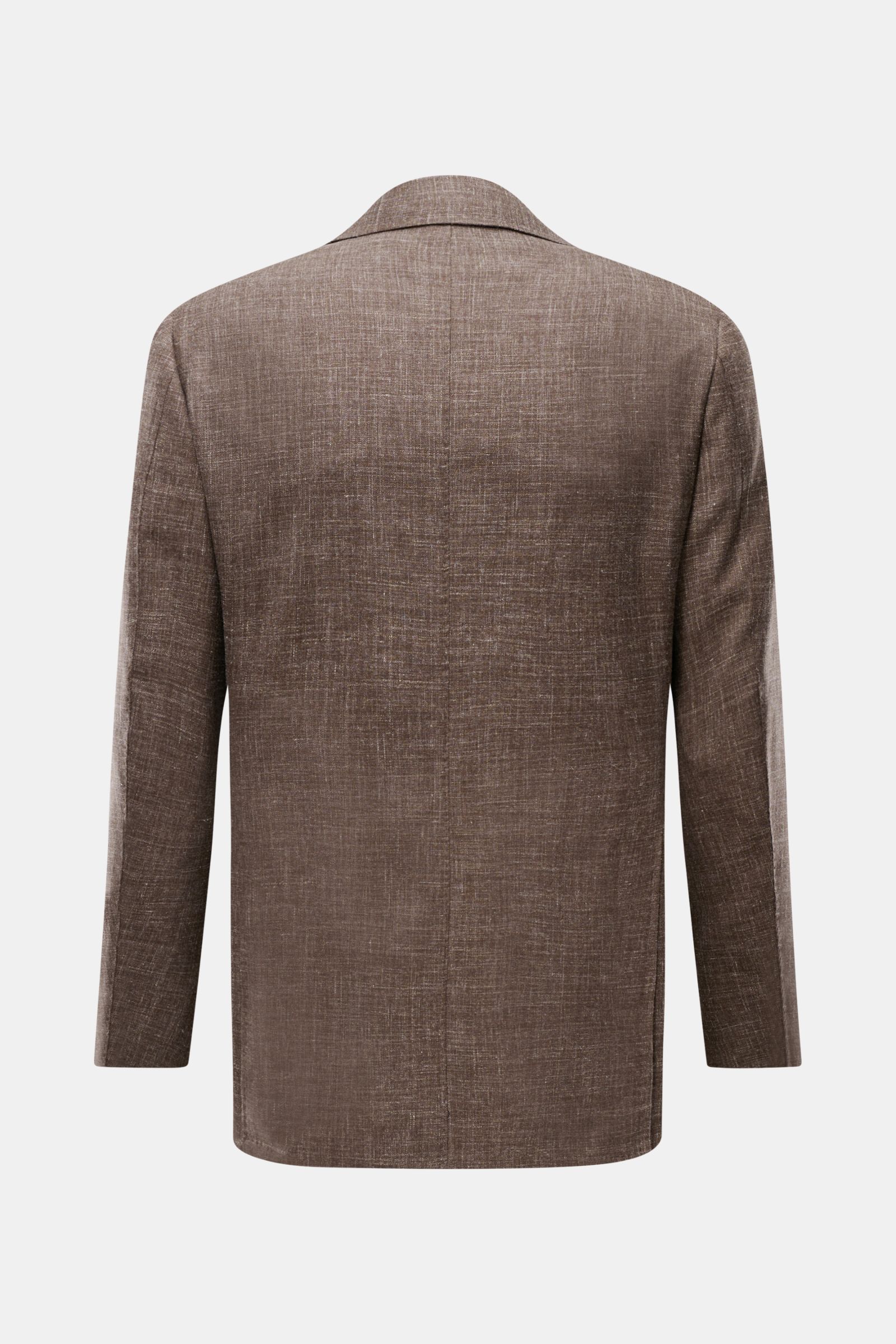 Back view of the Stile Latino Smart-casual jacket 'Vincenzo' dark brown mottled in wool-linen blend with slim fit and step lapel.

Description: The classic smart-casual jacket 'Vincenzo' by STILE LATINO has bags of Italian character: effortlessly creat