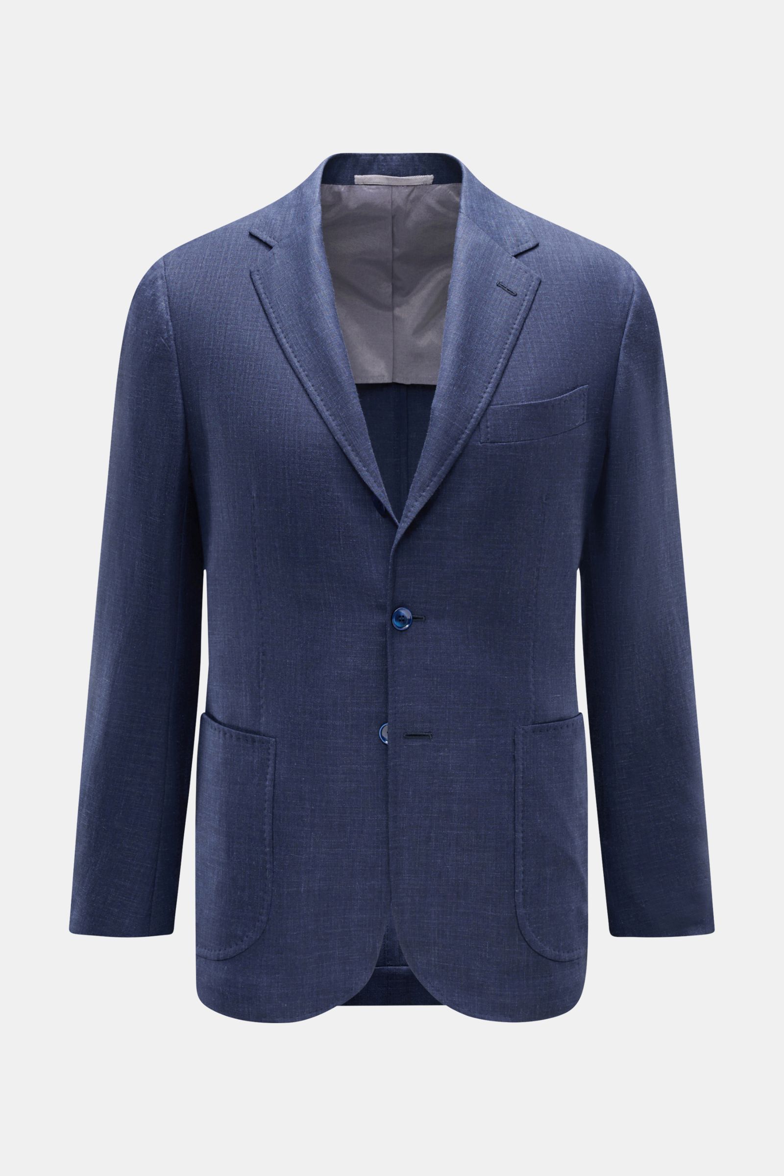 Frontale Nahaufnahme des Stile Latino Sakko 'Vincenzo' navy meliert mit italienischem Charakter, Slim Fit, Wolle-Leinen-Mix, weichem Griff, tailliertem Drei-Knopf-Stil, fallendem Revers, Brusttasche, aufgesetzten Hüfttaschen, unfertigen Ärmelabschlüssen u