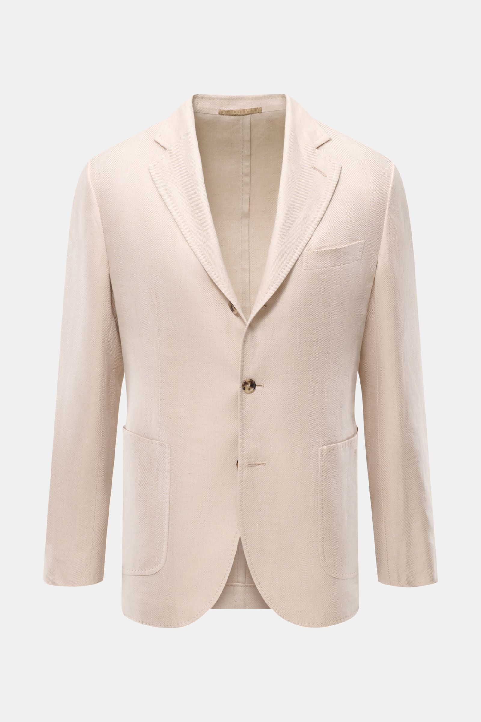 Front view of the Sipario Smart-casual jacket 'Ginza' sand patterned, lightweight linen and cotton blend with tonal herringbone.

Description: Lightweight and stylish: The smart-casual jacket 'Ginza' by SIPARIO features a pared-down, unlined design in lin