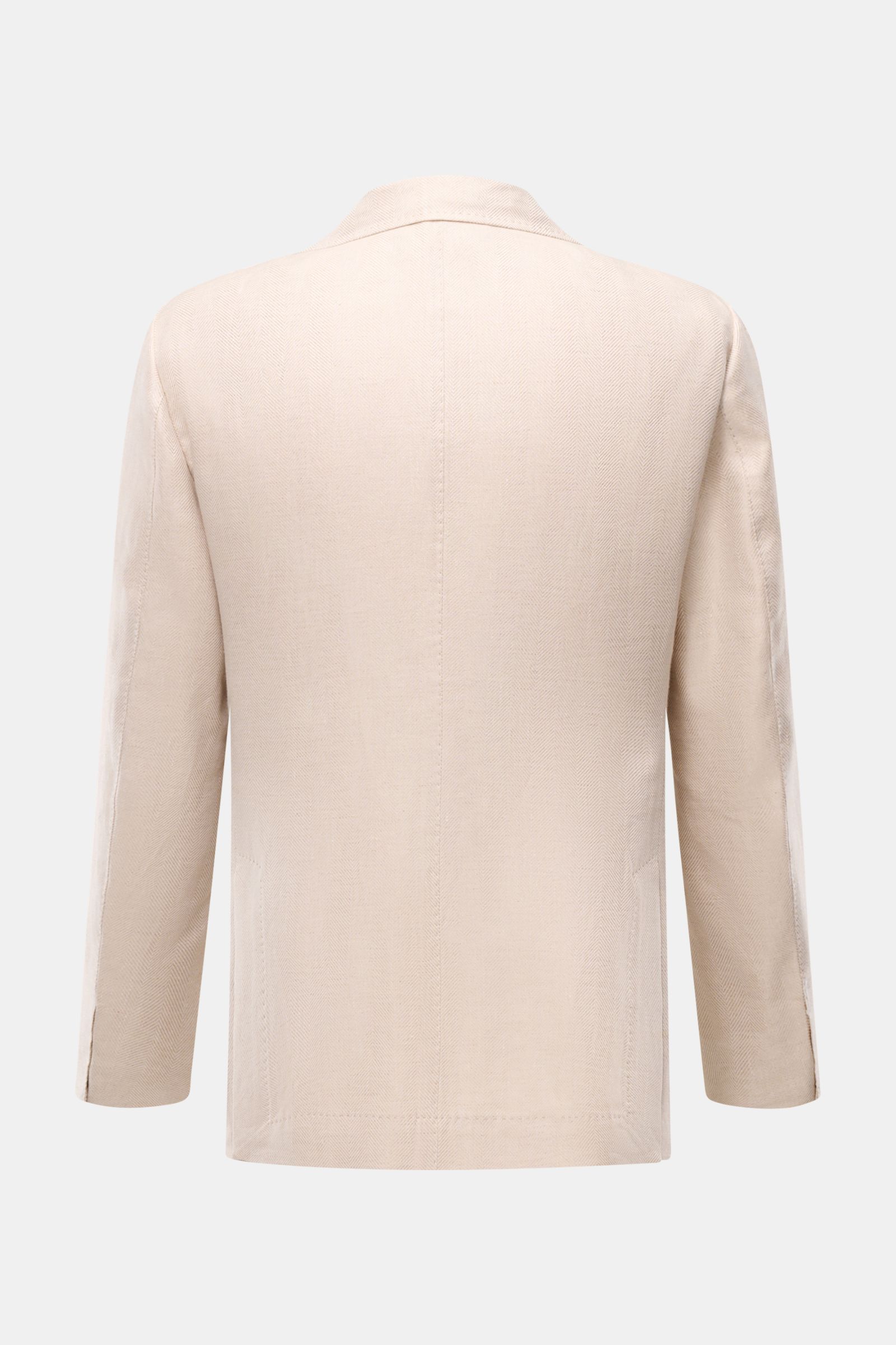Rear view of the Sipario Smart-casual jacket 'Ginza' sand patterned, lightweight linen and cotton blend with tonal herringbone, slim fit, three-button style, step lapel, classic breast pocket, patch hip pockets, unfinished sleeve cuffs, side vents, half l