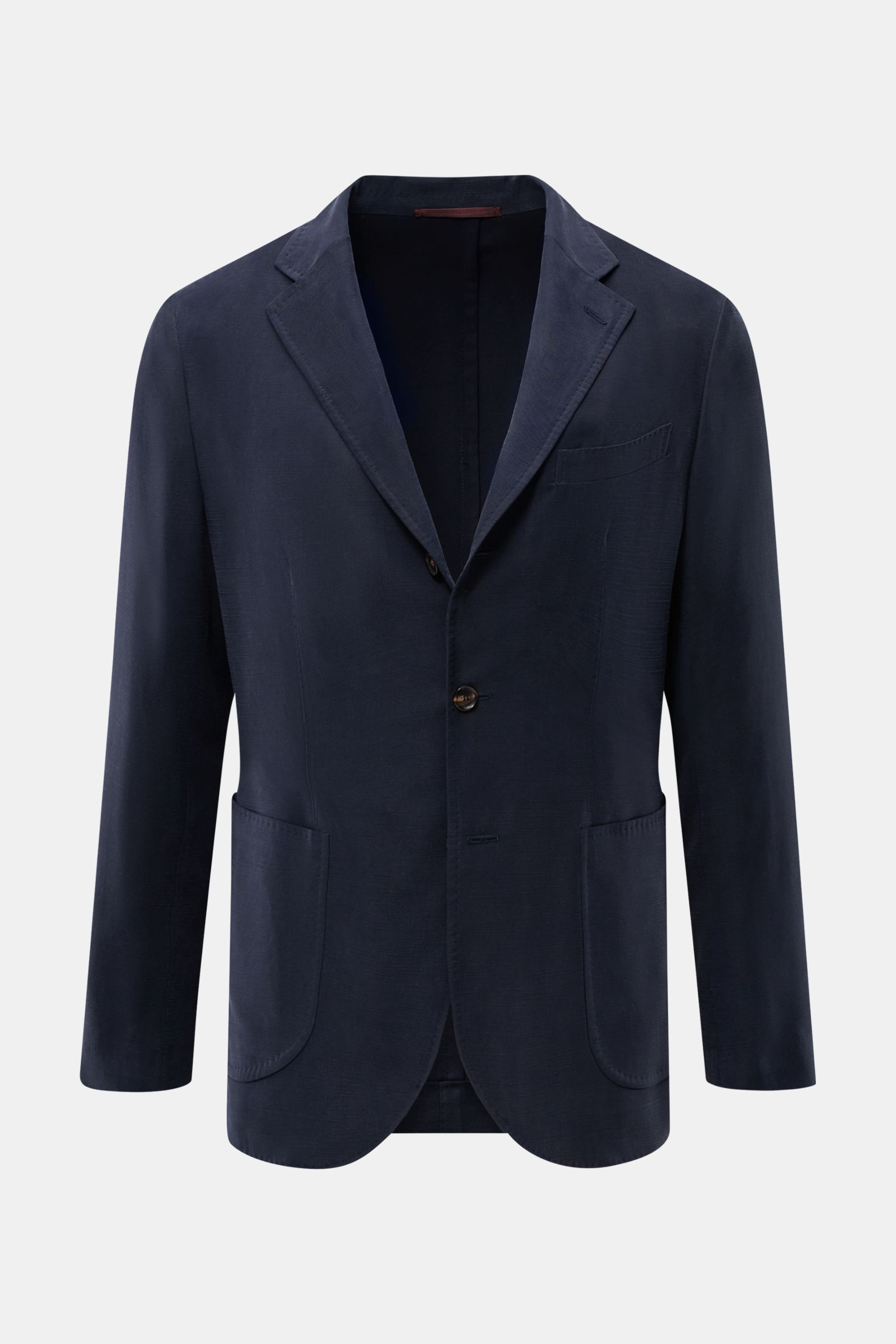 Front view of Sipario Smart-casual jacket 'Ginza' dark navy in lightweight viscose blend with slim fit, three-button style, step lapel, breast and patch hip pockets.

Description: Lightweight and stylish: The smart-casual jacket 'Ginza' by SIPARIO feat