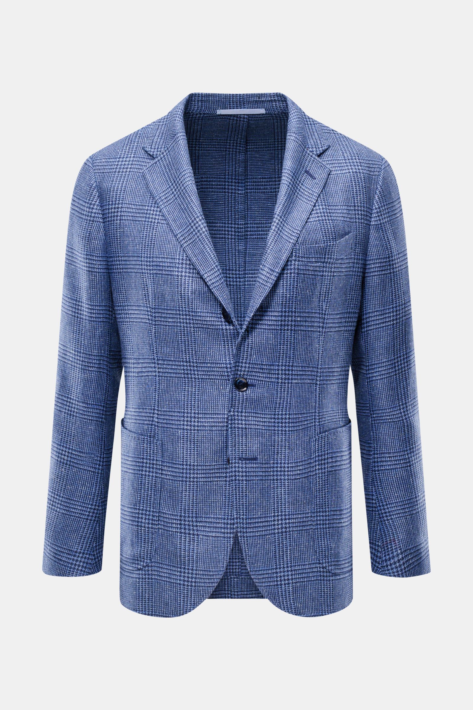 Front view of the Sipario Smart-casual jacket 'Ginza' grey-blue/black checked, lightweight linen and silk blend with slim fit.

Detailed description: Lightweight and stylish: The smart-casual jacket 'Ginza' by SIPARIO features classic glen check in a ligh