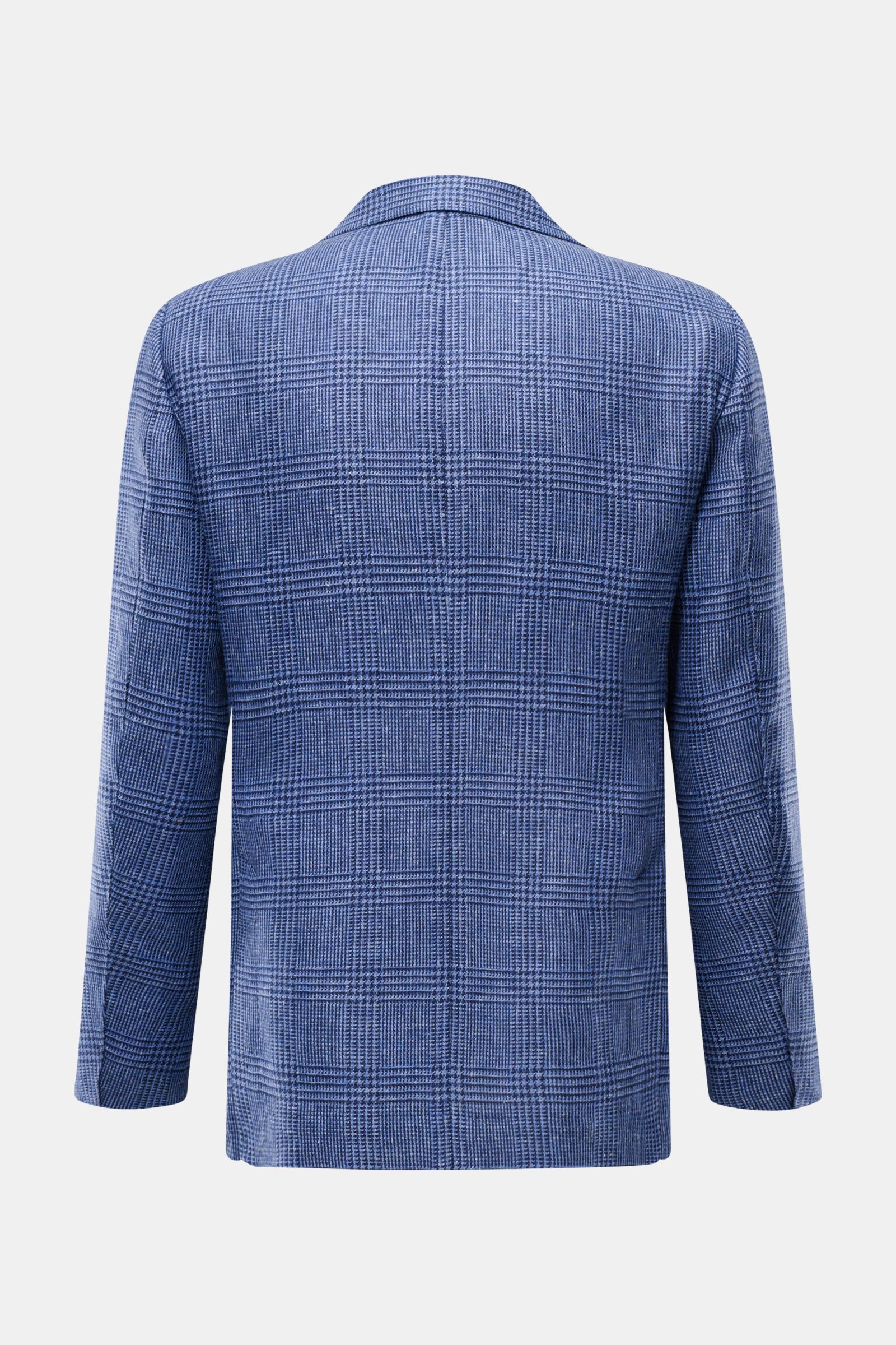 Back view of Sipario Smart-casual jacket 'Ginza' grey-blue/black checked with classic glen check, lightweight linen-silk blend, slim fit, step lapel, patch hip pockets, and unfinished sleeve cuffs.

Description: Lightweight and stylish: The smart-casua