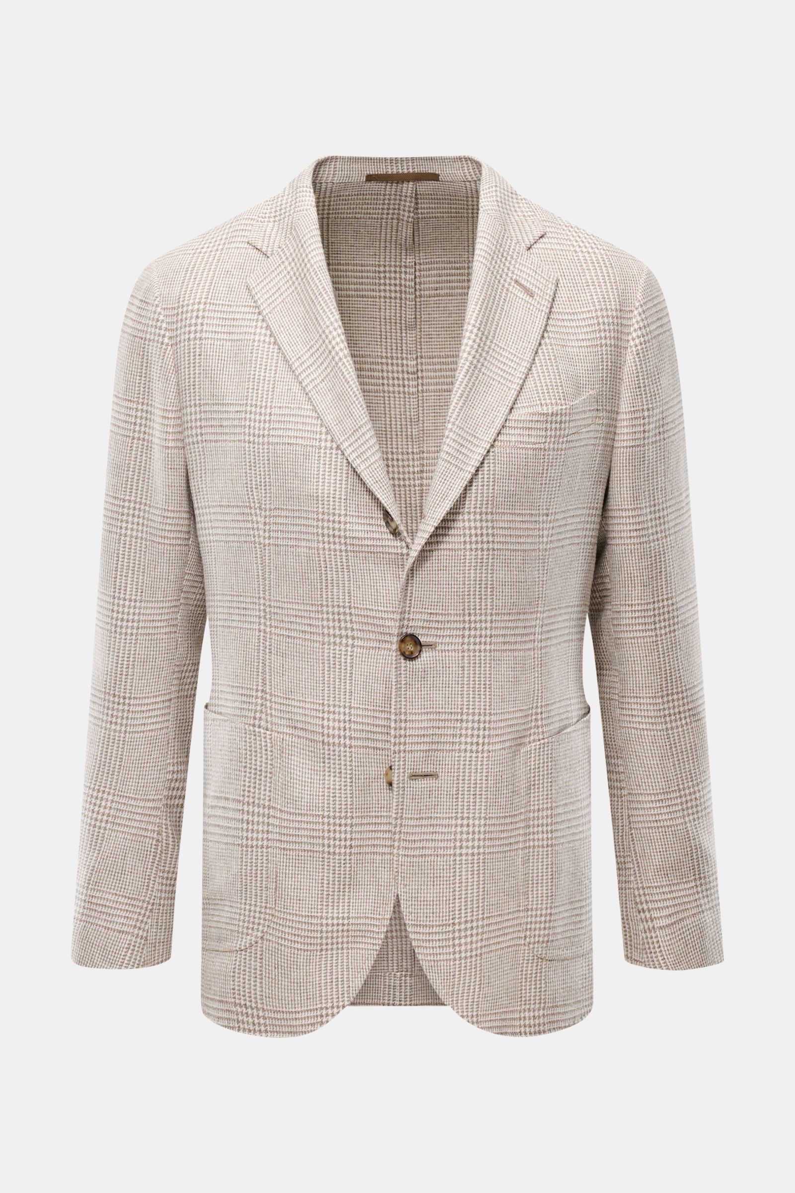 Front view of Sipario Smart-casual jacket 'Ginza' taupe/cream checked with slim fit, classic glen check, linen-silk blend, three-button style, step lapel, breast and patch hip pockets.

Description: Lightweight and stylish: The smart-casual jacket 'Ginza'