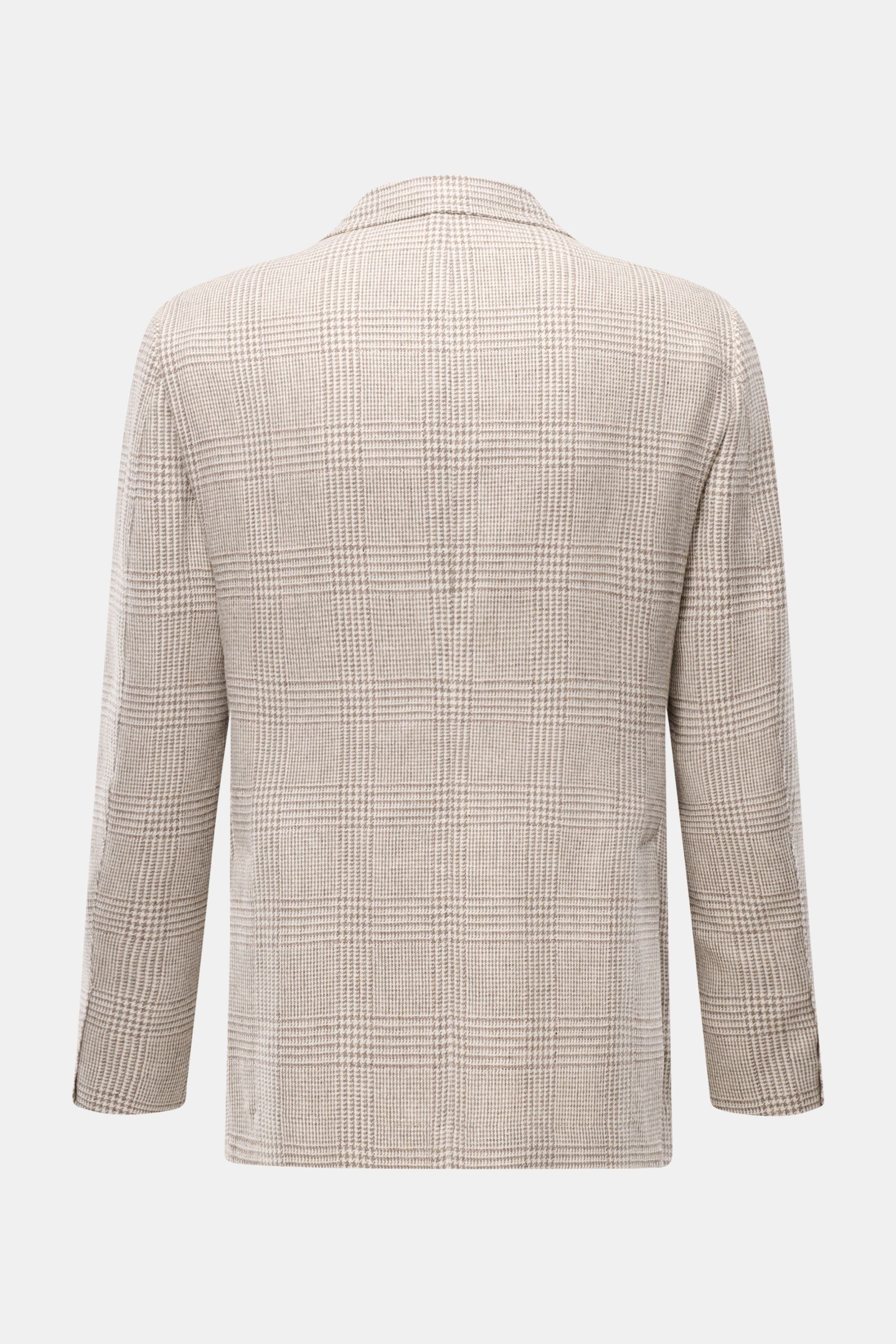 Rear view of Sipario Smart-casual jacket 'Ginza' taupe/cream checked in lightweight linen and silk blend with classic glen check pattern.

Description: Lightweight and stylish: The smart-casual jacket 'Ginza' by SIPARIO features classic glen check in a li