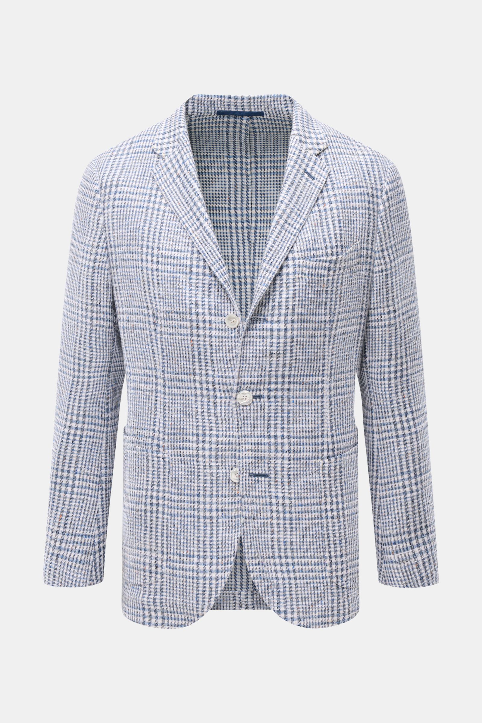 Front view of the Sipario Smart-casual jacket 'Ginza' grey-blue/off-white checked, lightweight cotton Panama, slim fit with three buttons.

Description: Structure with style: The smart-casual jacket 'Ginza' by SIPARIO in lightweight cotton Panama is a 
