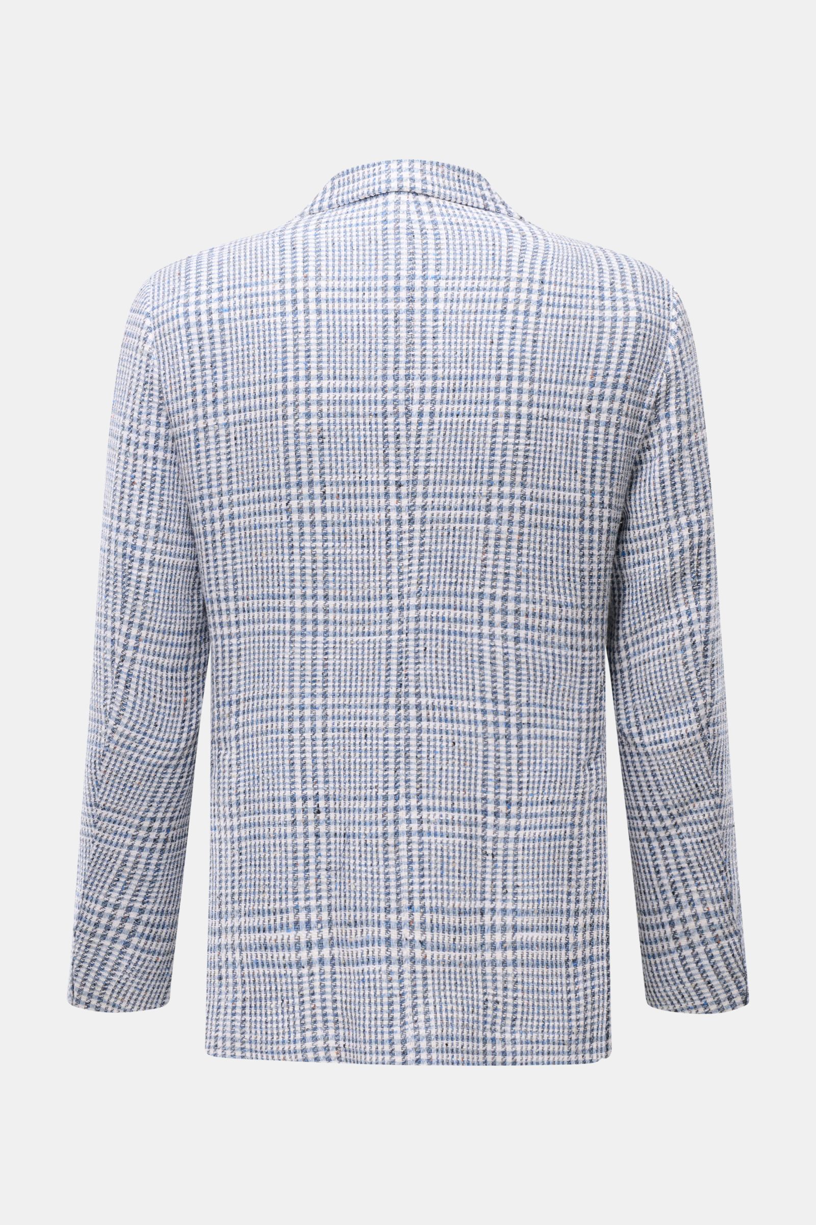 Back view of the Sipario Smart-casual jacket 'Ginza' grey-blue/off-white checked in lightweight cotton Panama with a slim fit and step lapel.

Structure with style: The smart-casual jacket 'Ginza' by SIPARIO in lightweight cotton Panama is a timeless c