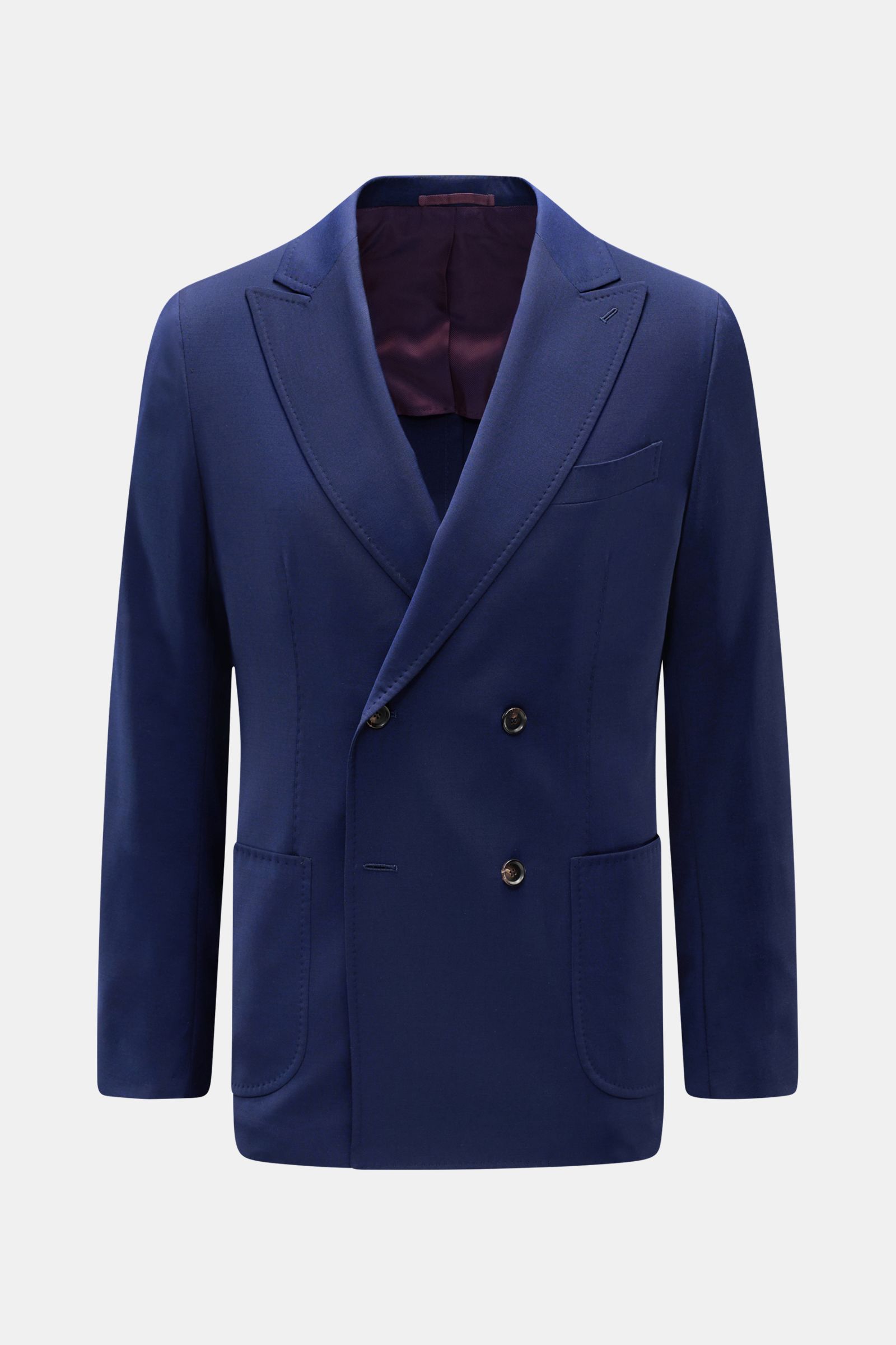 Sipario Sakko 'Ivan' dunkelblau, Slim Fit, zweireihig mit zwei Knöpfen, Spitzrevers, Brusttasche, aufgesetzte Hüfttaschen, vorne fotografiert.