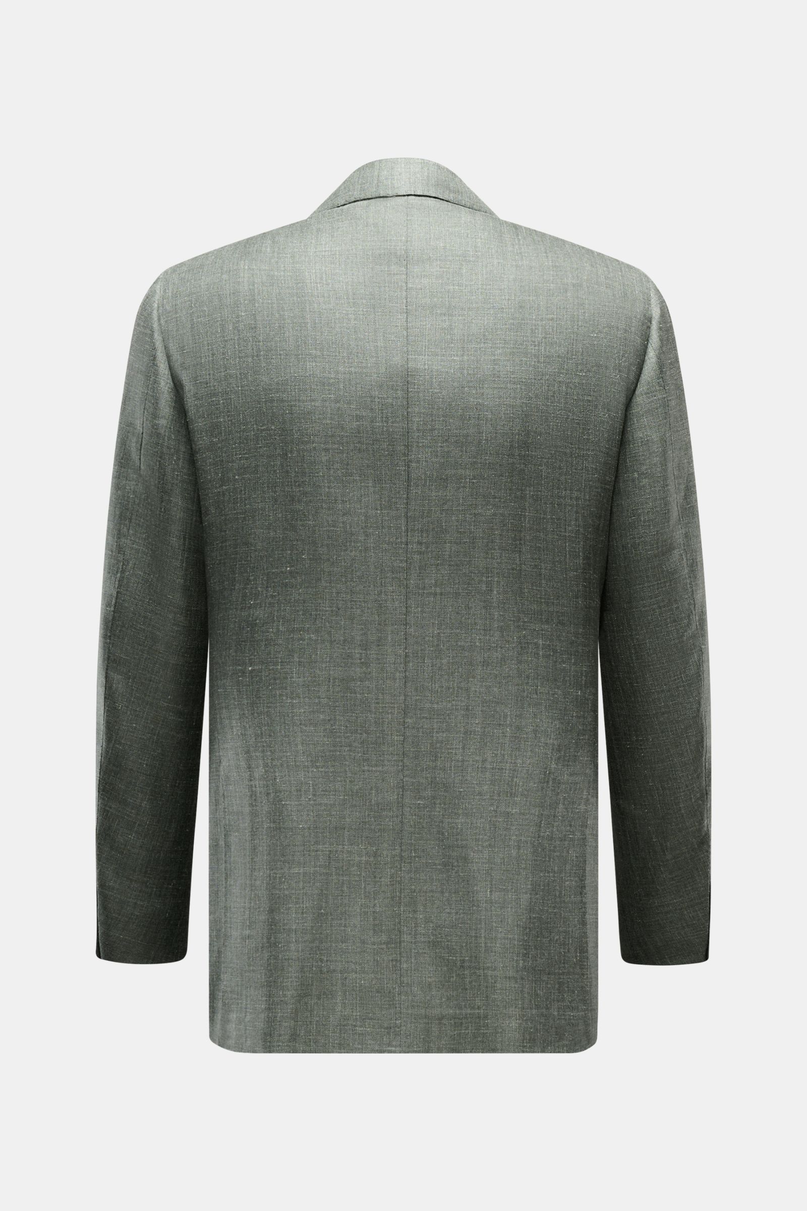 Rückansicht des Cesare Attolini Sakko graugrün meliert, slim fit, tailliert, mit feinem Woll-Seide-Leinen-Mix, fallendem Revers, Seitenschlitzen.