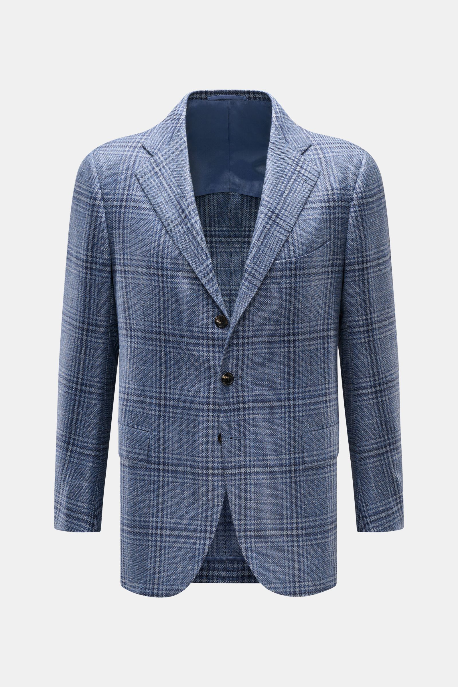 Cesare Attolini Sakko navy/graublau kariert, frontale Nahaufnahme, Slim Fit, tailliert, drei Knöpfe, Karo-Webmuster, Mix aus Wolle, Seide, Leinen, halb gefüttert, Brust- und Hüfttaschen.